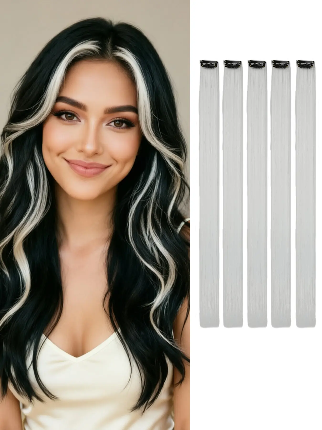 20 inch Colored Hair Extensions Long Straight Hairpiece, Synthetic Hairpieces, available in white, pink and multiple colors. Color Party Highlights Clip in Synthetic Hair Extensions for Women Girls Cosplay Gift (5 PCS )