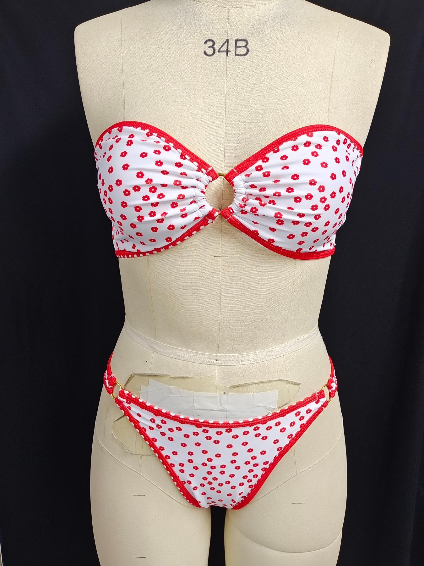 Women's Floral Print Ring-Linked Bikinis Set, Boho Ruched Bandeau Swim Top & High Cut Swim Thong, Chic Ladies Bathing Suit