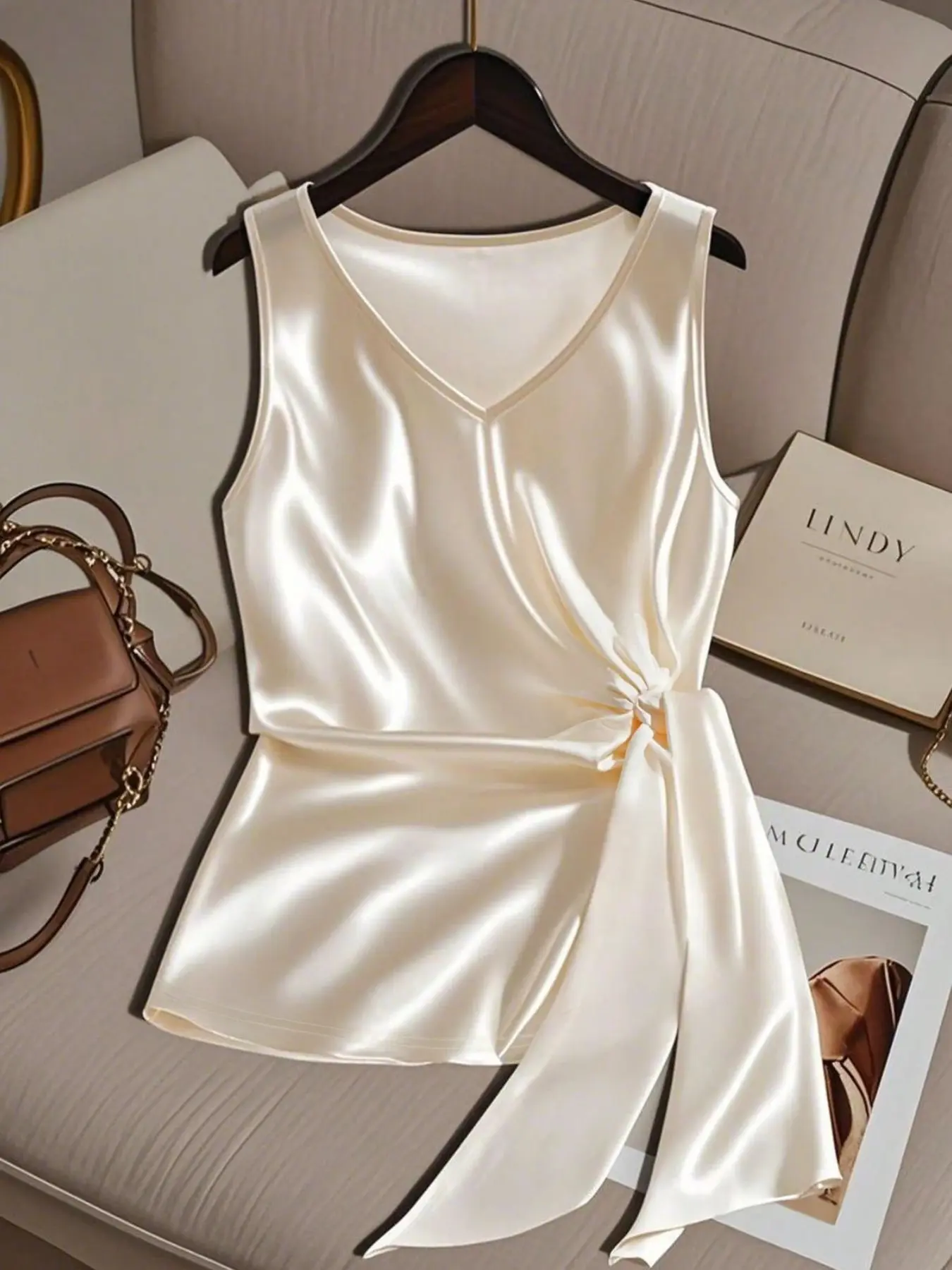 Champagne Color Glossy Smooth Satin Sleeveless Vest, V Neck Design, Waist Ruched Tie Detail, Perfect for Dates, Elegant and Soft Style