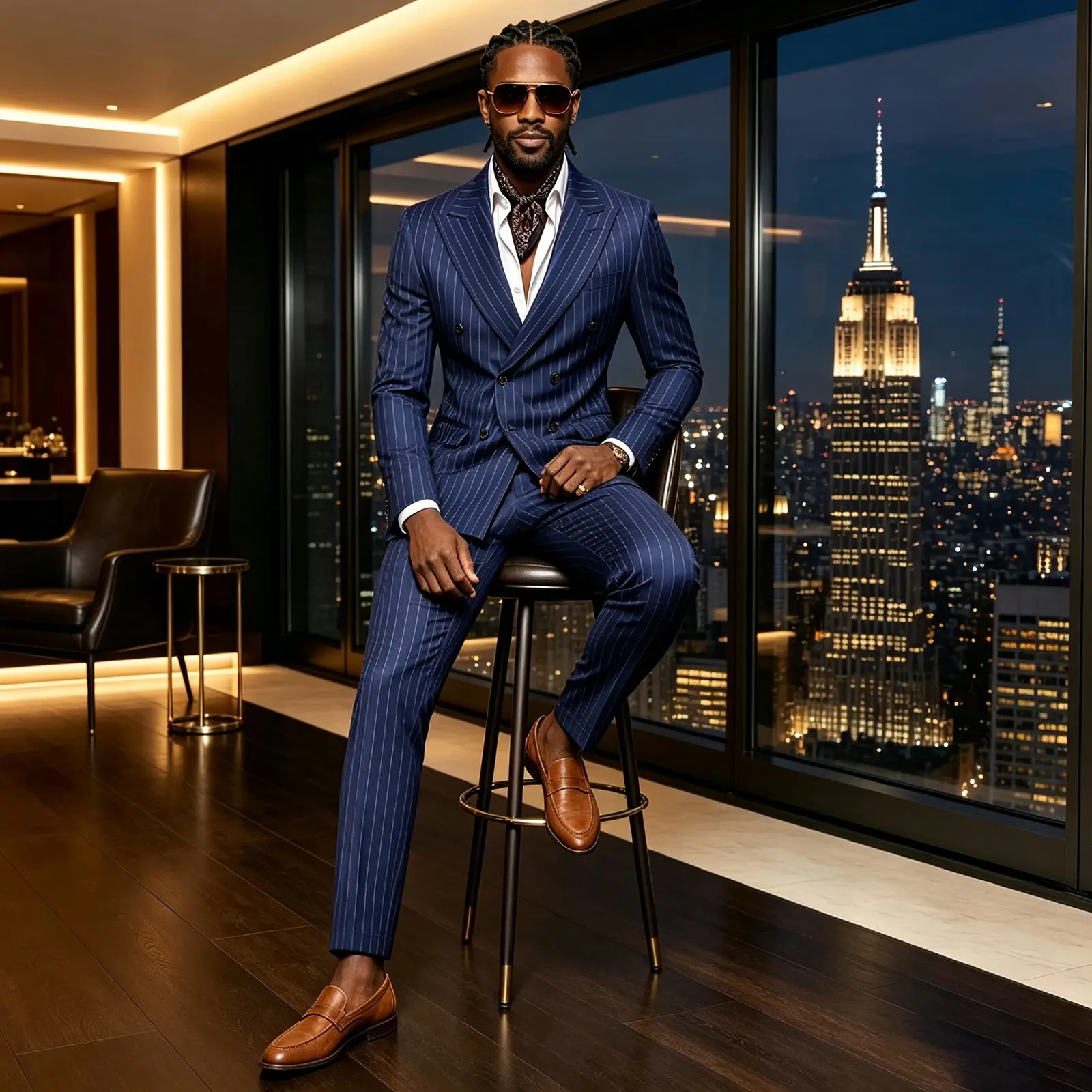 Men's Pinstripe Blue Double-Breasted 2-Piece Suit – Slim Fit Blazer & Matching Trousers for Wedding, Prom & Business + Free Bow Tie