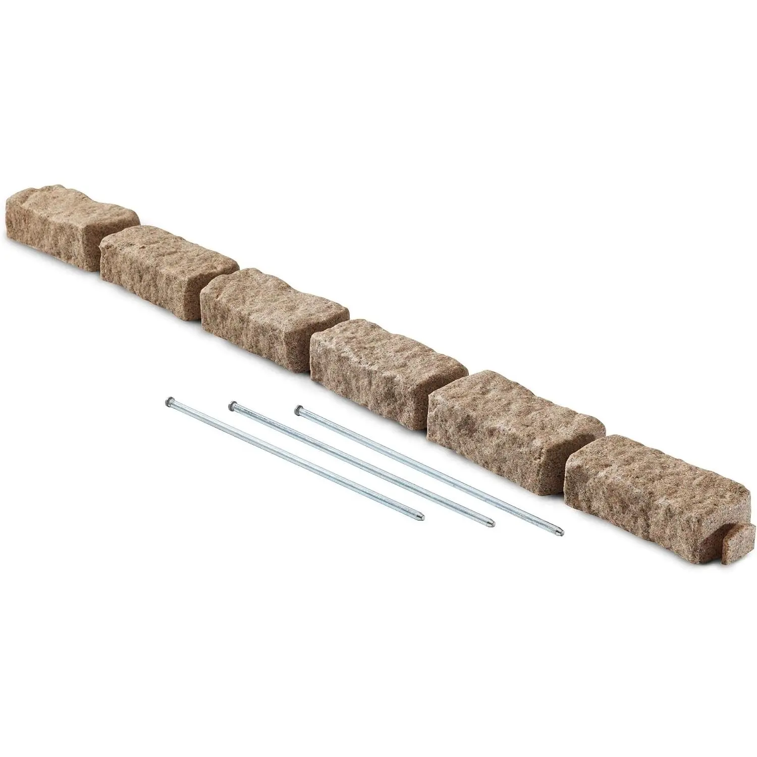 Landscape Edging Garden Border Polyrock Bricks for Lawn, Flower Beds, Pathways & Yard - 1 Pack, 6 Bricks Per Section, 48" L x 4" W x 2.25" H, 3 Spikes, Sandstone