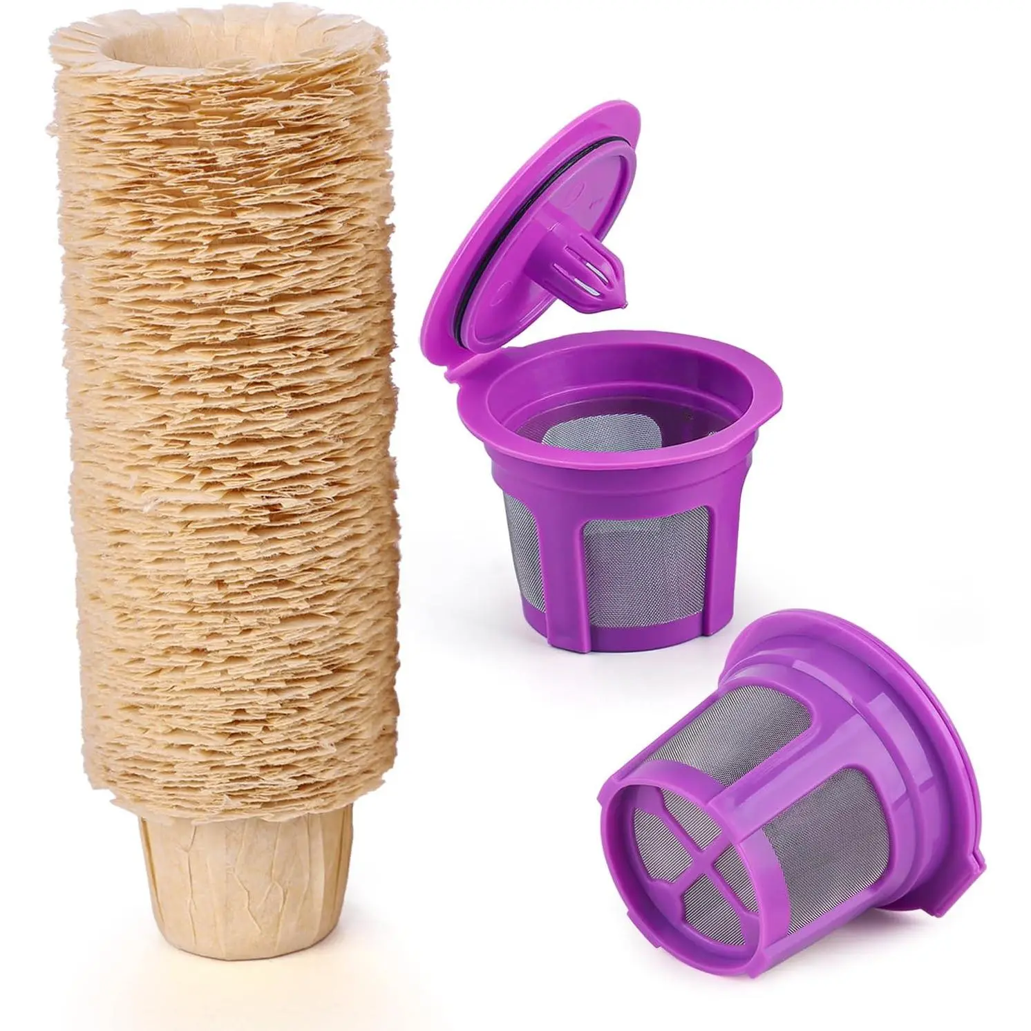 100 Count Natural Paper Filters with 2 Pack Reusable K Cups,Compatible with Keurig Single Serve 1.0 and 2.0, Fits All Reusable K Cup Coffee Pods