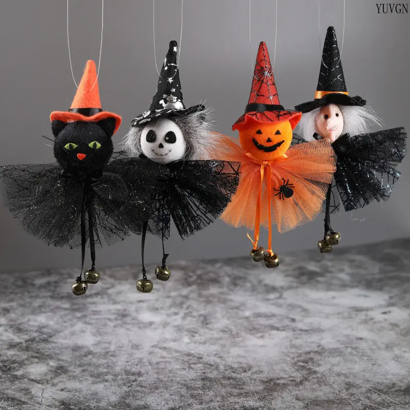 4PCS Festive Halloween Fabric Hanging Set - Black Cat, Skeleton, Pumpkin Witch Pendants with Tulle Skirt, Bell Design for Home Window Party Holiday Decor (Indoor Recreation Equipment)
