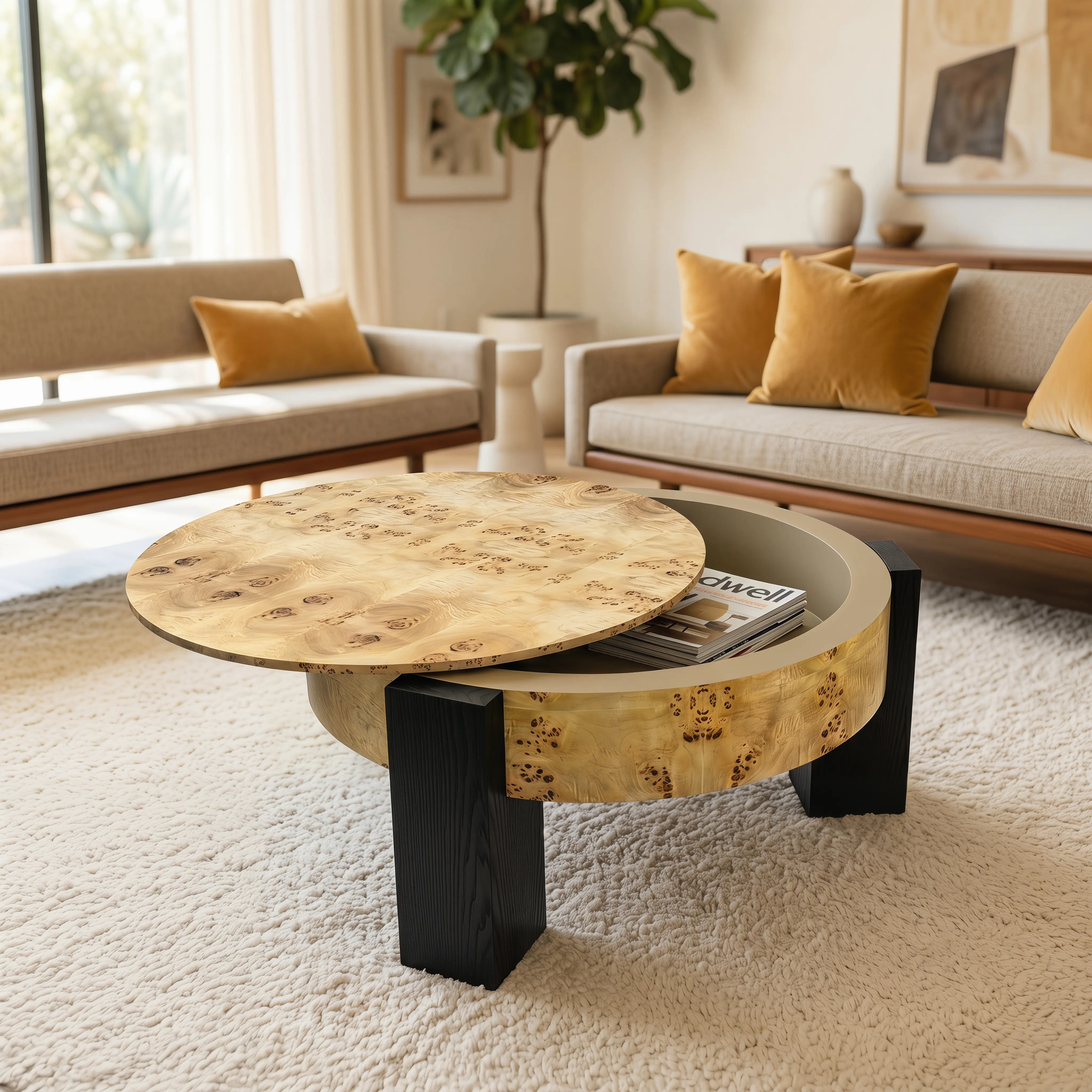 ARCH 33 Inch Round Burl Wood Coffee Table with Hidden Storage Compartment, Organic Modern Cocktail Table, Solid Wood+MDF, Natural Burl & Black, 3 Block Legs, Sturdy Center Accent Table for Living Room Small Space, Black/Natural Wood Color Options