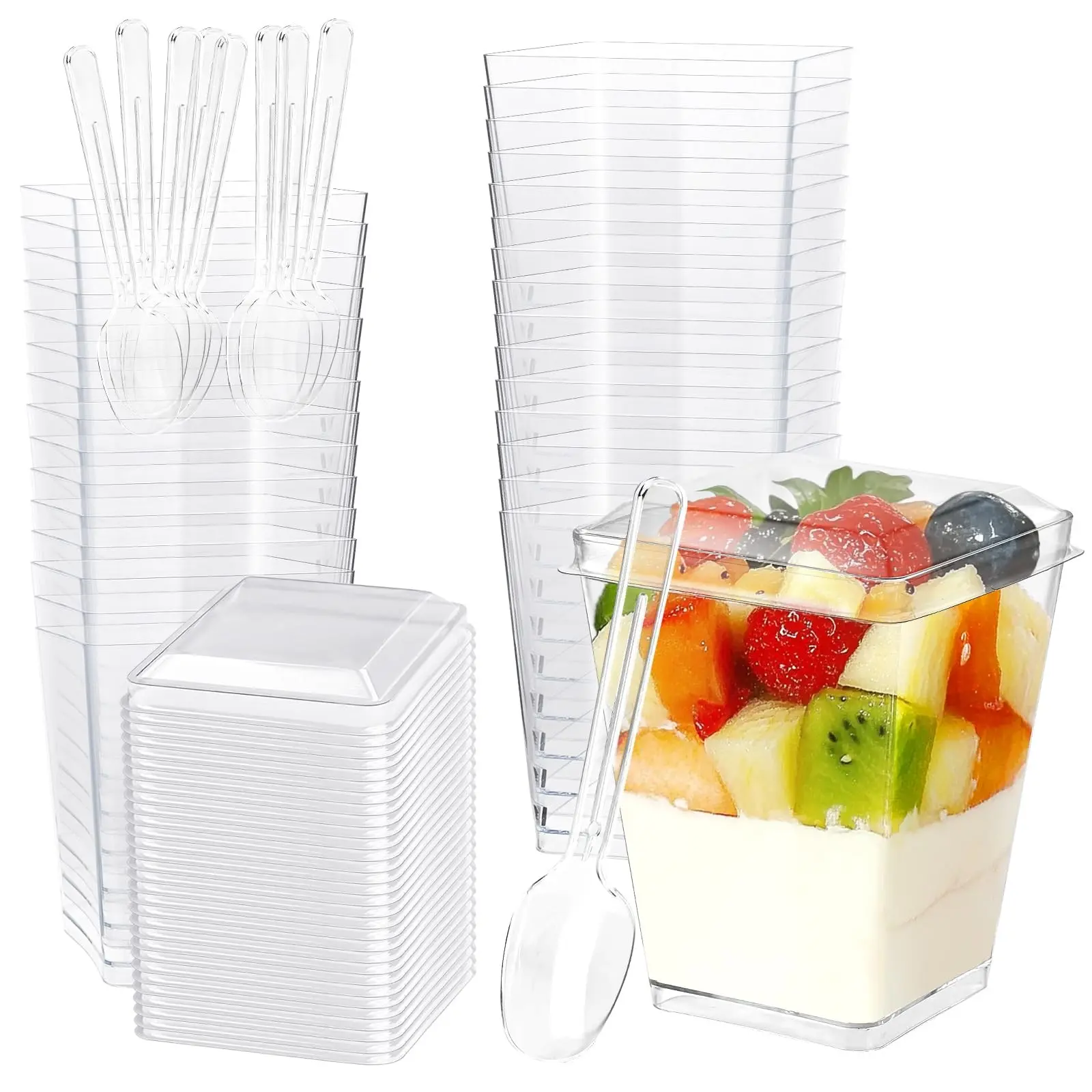 50PCS 5oz Square Clear Plastic Dessert Bowls with Lids & Mini Spoons,Hard Crystal Cups for Tiramisu,Layered Parfait,Pudding Cups,Jello Shots,Mousse Dessert,Ice Cream Sundaes,Yogurt Bowls,Compote,Custard Flan,Dips,Salsa,Guacamole,Hummus,Olives,Pickles