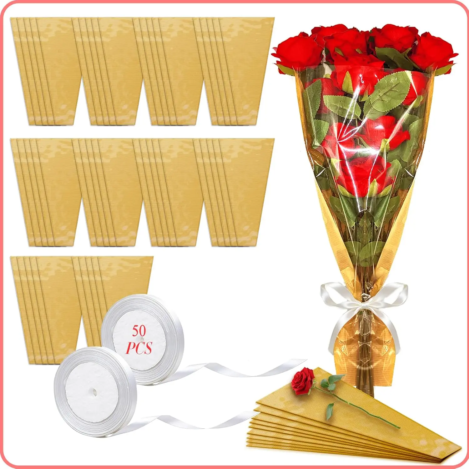 50 count Flower Wrapping Bags for Flower Bouquet with Ribbons, Flower Supplies | 9.8x3.9x17.9 Inch bouquet bags flower bags for bouquets, flower bar supplies flower wrapping bags flower bouquet sleeves