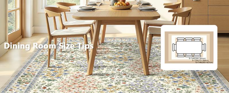 8x10 Area Rugs, Machine Washable Low Pile Floral Faux Cashmere Rugs for Living Room, Bedroom, Large Boho Area Faux Cashmere Rug with Non-Slip Backing for Dining Room(Beige Floral)