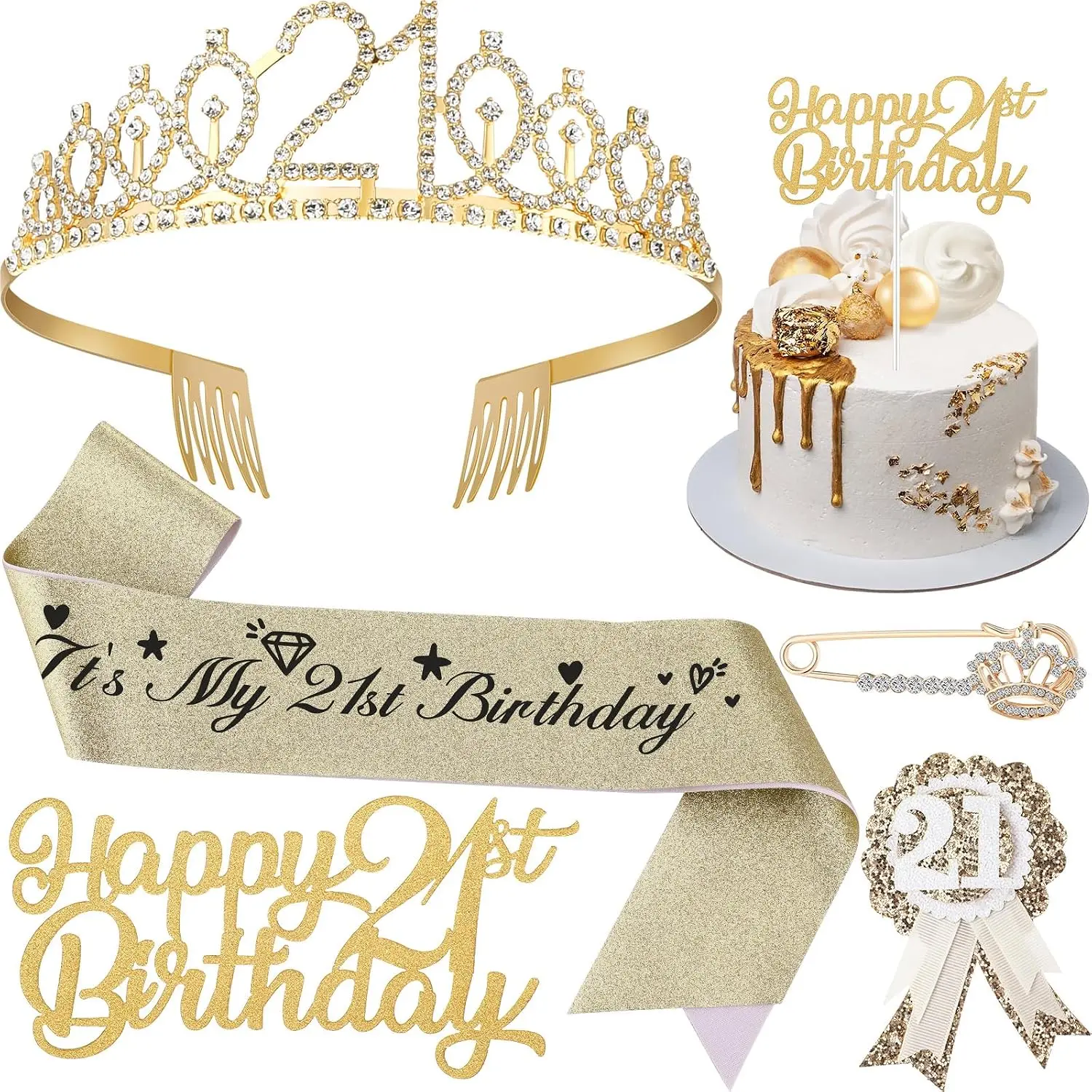 Female 21st Birthday Decoration Set with Adjustable Sash, Comb-Fixed Crown Tiara, Corsage, Rhinestones, Badge Pin, Cake Toppers – Modern 21-Year-Old Gifts for Her