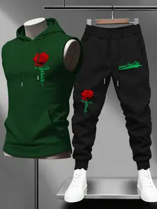 Men's Fashion Hooded Vest Long Pants Set, Romantic Rose Print Jesus Vintage Slogan Design, Valentine's Day Gift, Couple Casual Sportswear