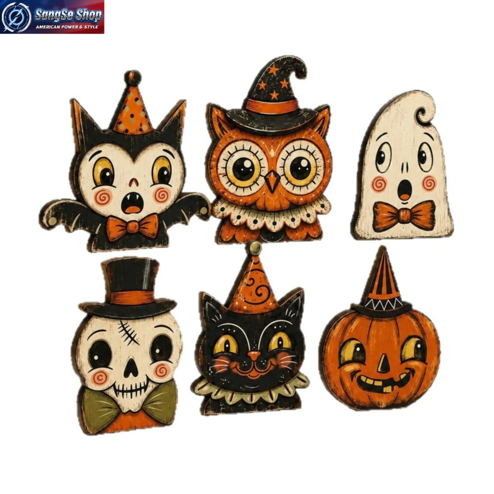Novelty Scary Decorative Halloween Wooden Desktop Tray with Ghost, Black Cat, Pumpkin, Owl Figures, Holiday Home Accent for Living Room, Office Bag Accessory Charm