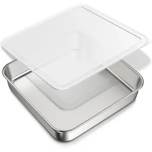 8 x 8-Inch Baking Pan with lid 304 Stainless Steel Square Cake Pan Commercial Grade Bakeware for Cakes Brownies Casseroles Thicker Rectangle Sheet Cake Pans Non-toxic Heavy Duty Dishwasher Safe