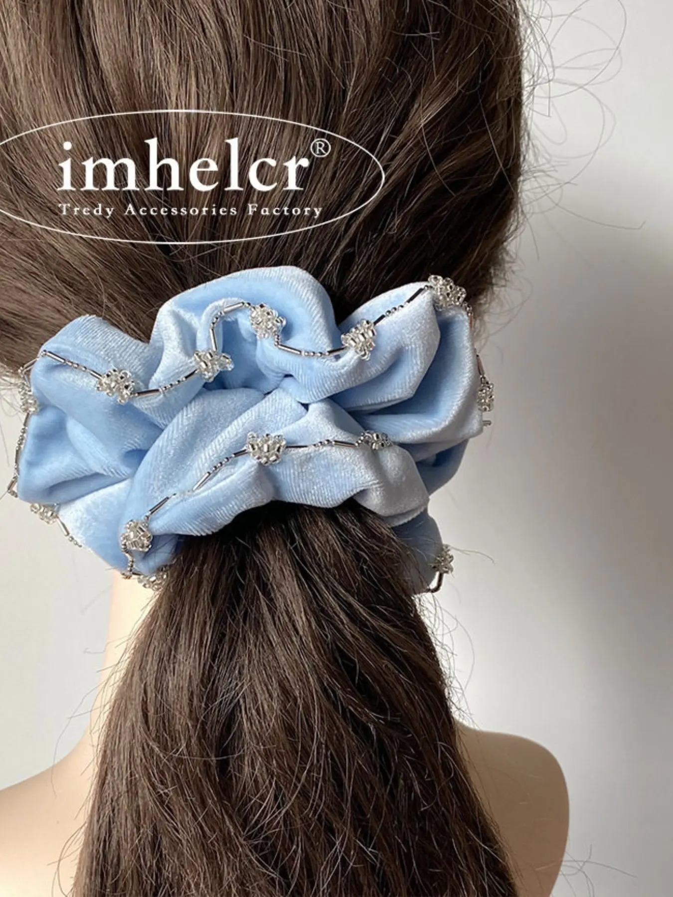 Premium French Style Light Blue Velvet Hair Scrunchie, Delicate Decorative Trim Hair Tie, Soft Elegant Ponytail Holder for Bun Hairstyle, Trendy Hair Accessory for Women Daily & Party Use