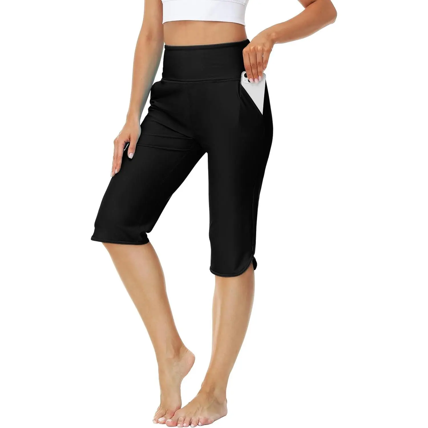Women's High-Waisted Sun Protection Swimming Capris - Unlined, With Pockets, Swimwear, Swimming Wear