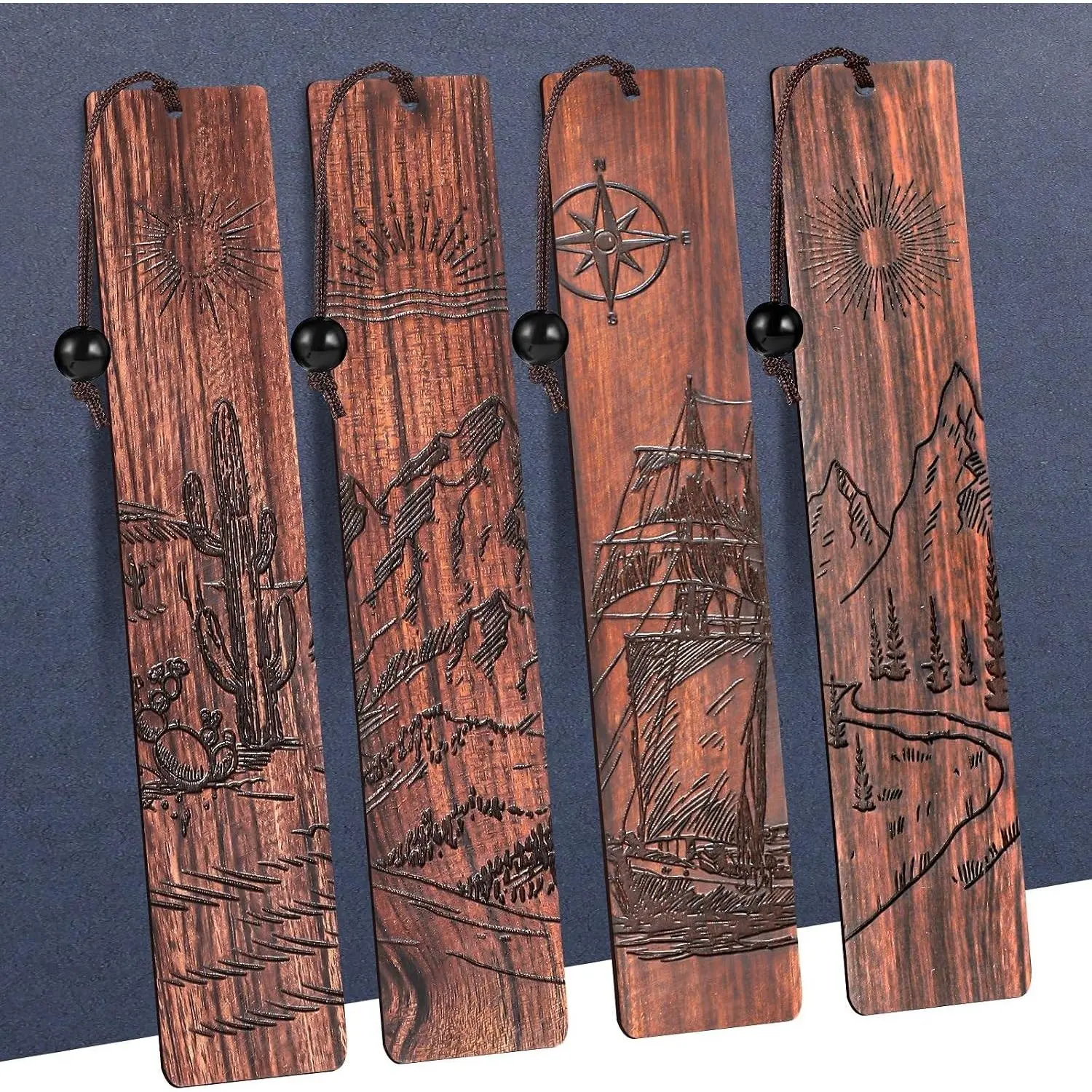 4Pcs Wood Bookmark for Men, Back to School Gifts | Adventure Wooden Carving Book Mark Vintage Bookmark for Men Boy Book Lovers Birthday Present Students Teachers AppreciationGift