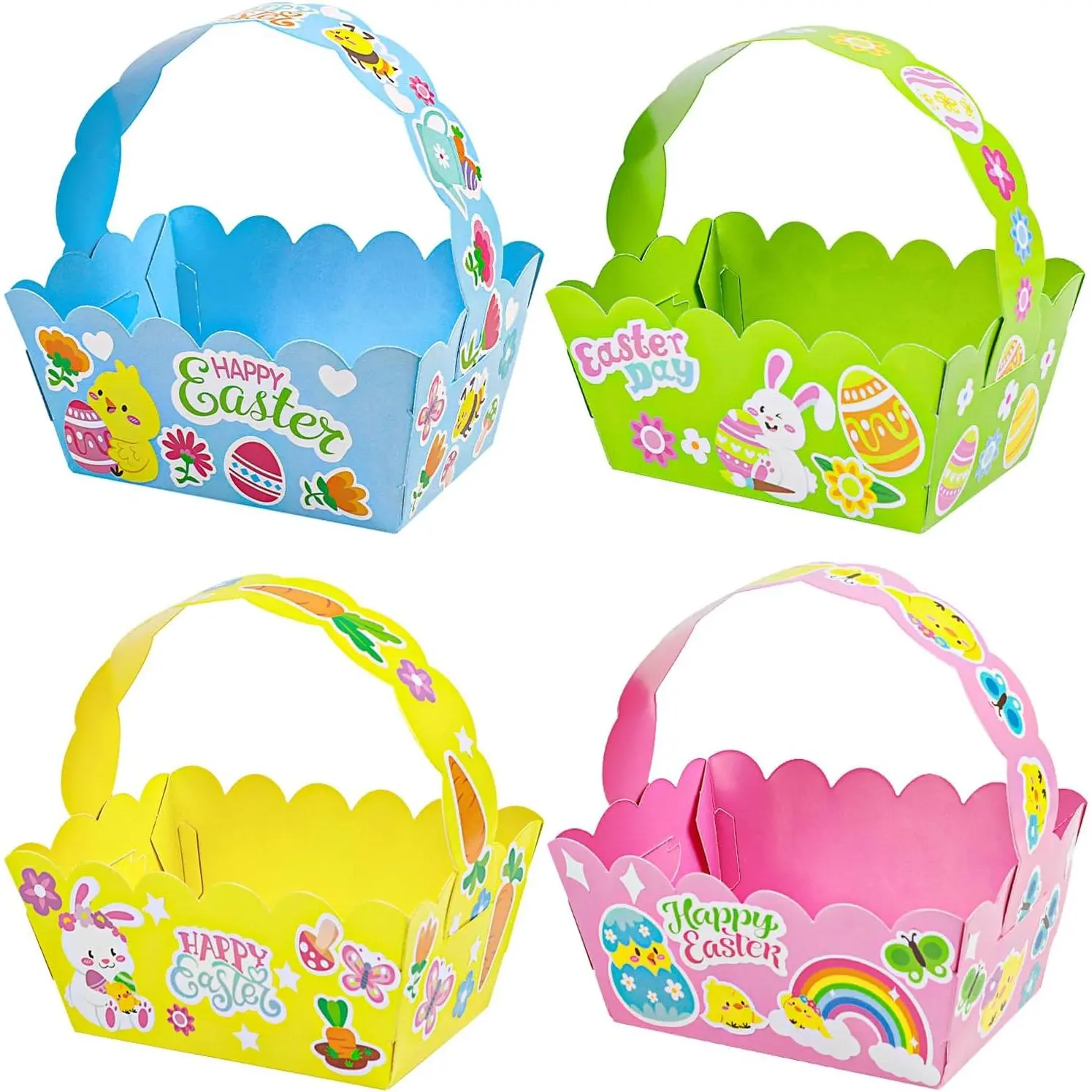 Small Easter Baskets, 12 count Happy Easter   Boxes with Cute Bunny Click Stickers for Easter Egg Hunt Party Favors and Decorations