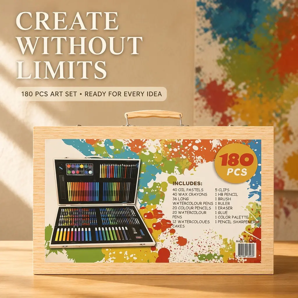 180 Pieces Art Drawing Set with Wooden Storage Box, Washable Watercolor Markers Crayons Colored Pencils Oil Pastels, Complete Painting Kit for Kids Students, Premium Art Supplies with Exquisite Gift Box, Ideal Back to School Gift for Art Creation
