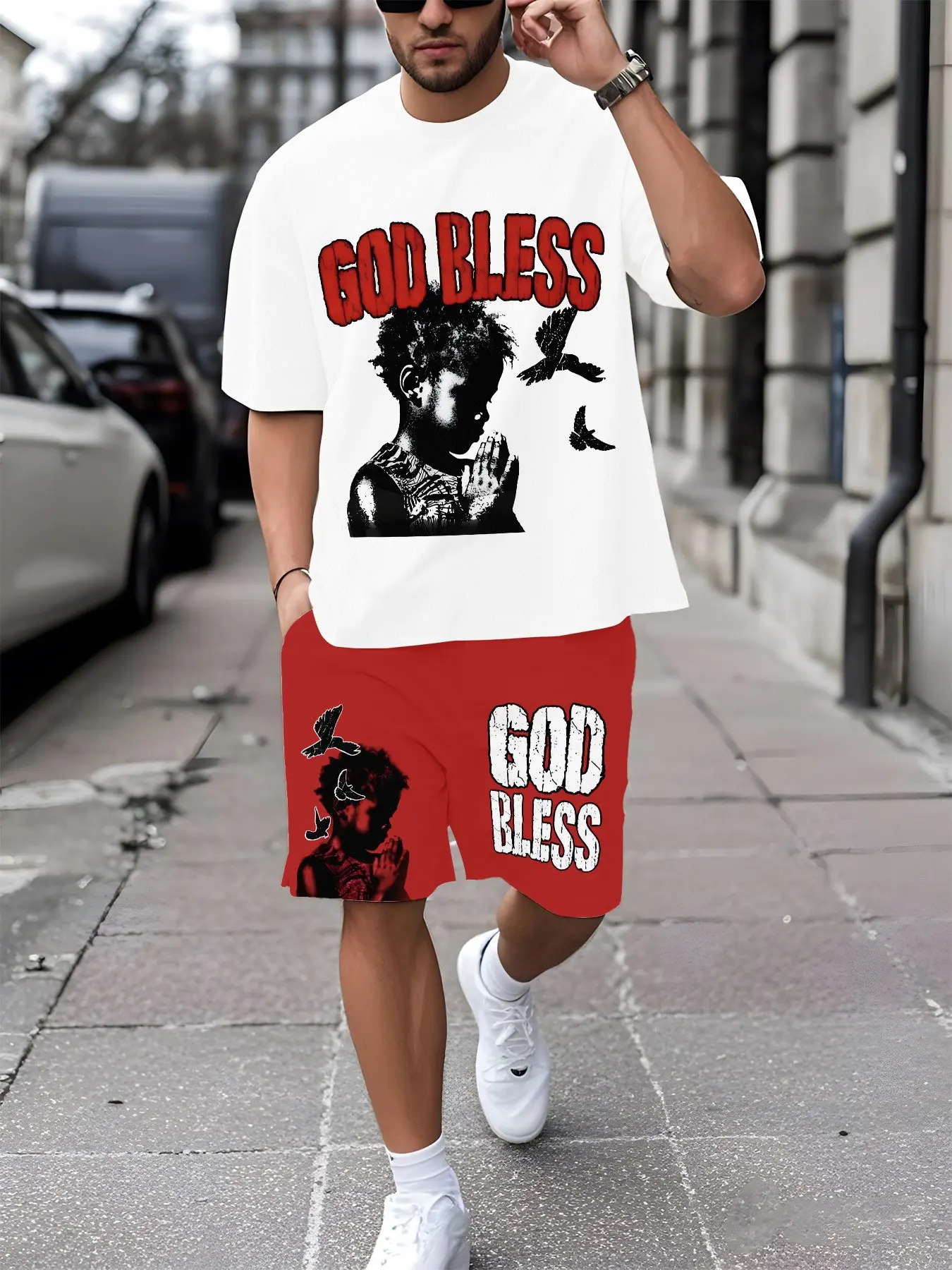 Men's Printed Short Sleeve T-Shirt and Shorts Set, Casual Summer, Breathable Street Style, Streetwear, Slim Fit, Two-Piece Ensemble