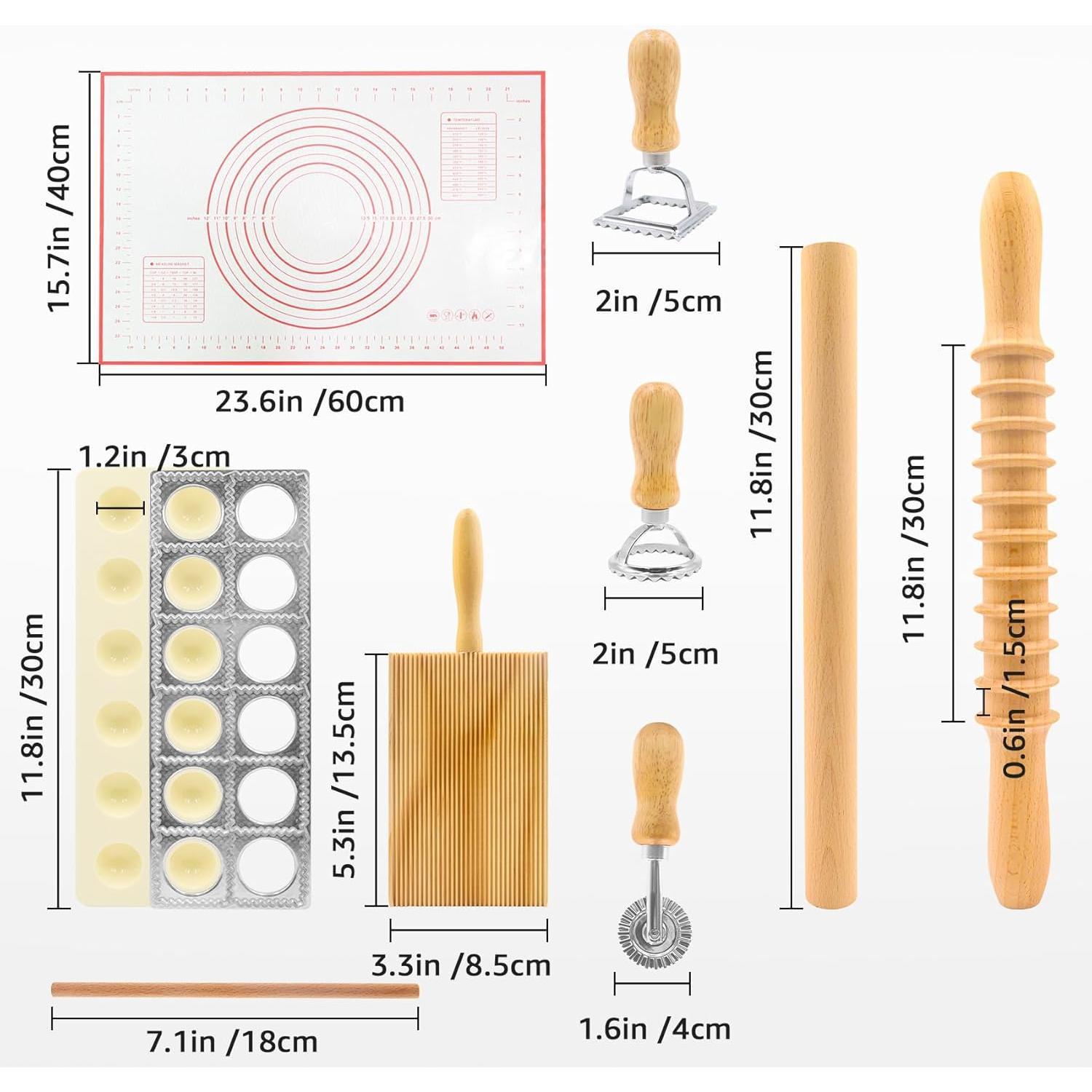8in1 Ravioli Gnocchi Pasta Dumpling Noodle Maker  Press Mold  - Pasta Manual Accessories Homemade Essentials Making Tool Kit w/ Pastry Mats, Wooden Dough Roller Rolling Pin
