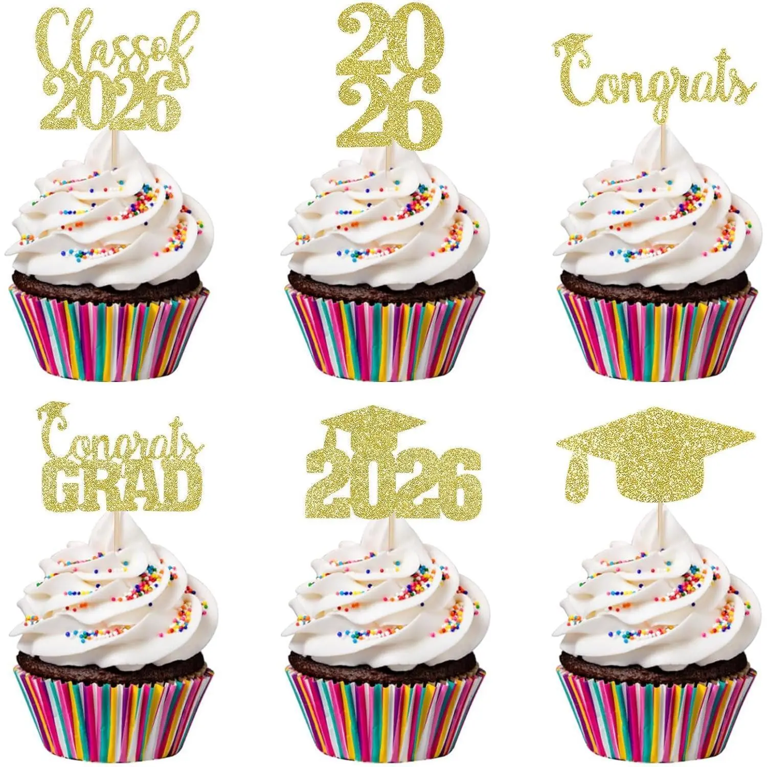 30Pcs Gold Glitter Graduation Cupcake Toppers 2026 Class Of 2026 Graduation Cupcake Toppers Picks 2026 for Gold 2026 Graduation Party Cake Decorations