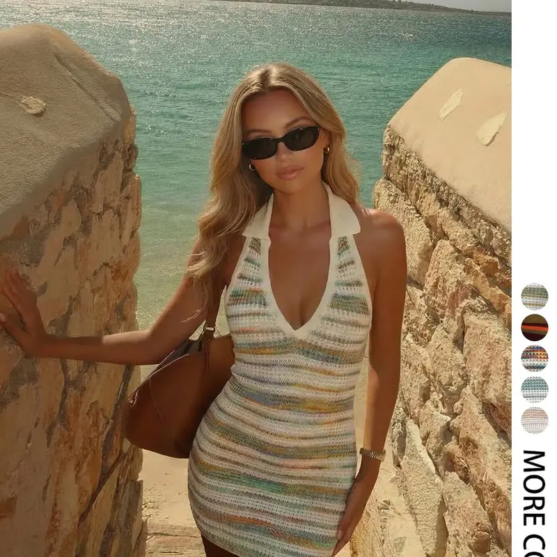 Elegant Striped Beach Vacation Dress, Sexy Knit Bodycon Sweater Dress, Spring Summer Versatile Chic Women's Fashion