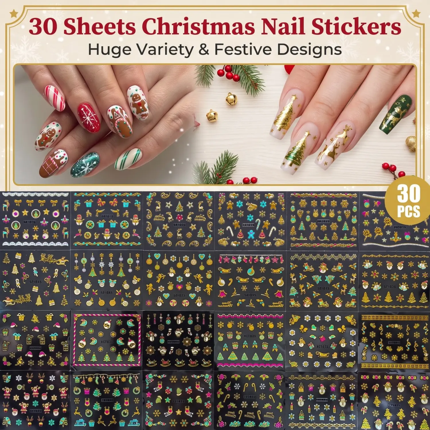 30 Christmas Nail Art Stickers, 3D Gold Self-Adhesive Christmas Nail Decals, Cute Snowflake/snowman/frosty Tree Designs, Holiday DIY Nail Decorations