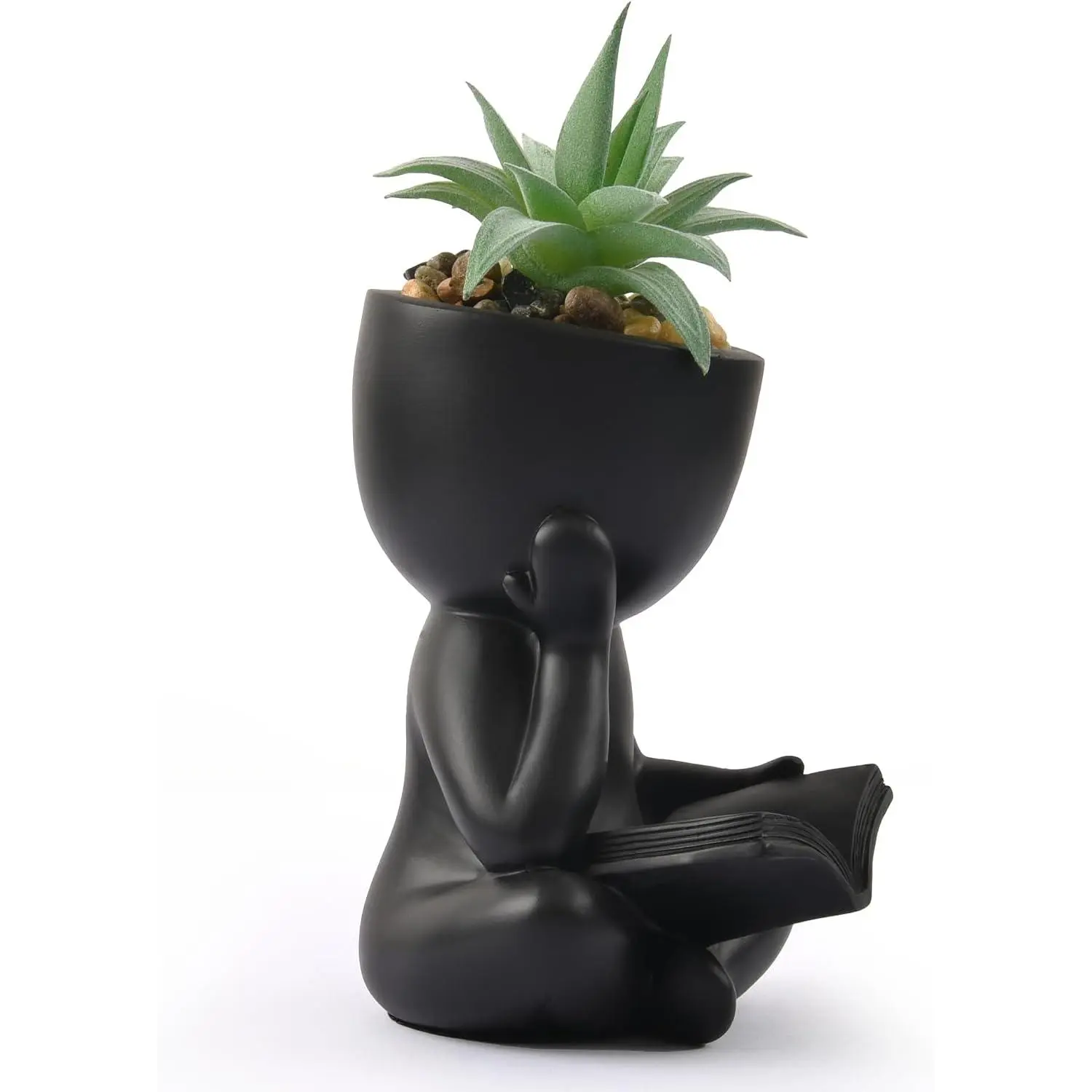 Reading Person Succulent Planter, Faux Succulent Desk Decor, Bookworm  |  Reading Person Sculpture Planter with Faux Succulent,  Desk Decor for Bookworms, Bathroom Office Shelf