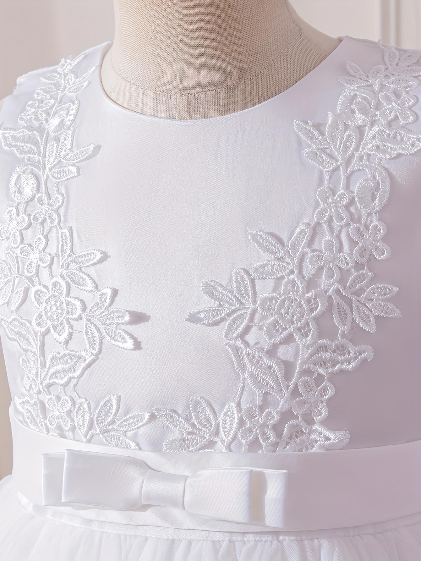 Girls Princess Dress Lace Mesh Flower Girl Wedding Stage Runway Sleeveless Midi Crew Neck Embroidered Tie Back Flared Hem All Season Non Stretch Formal Dresses