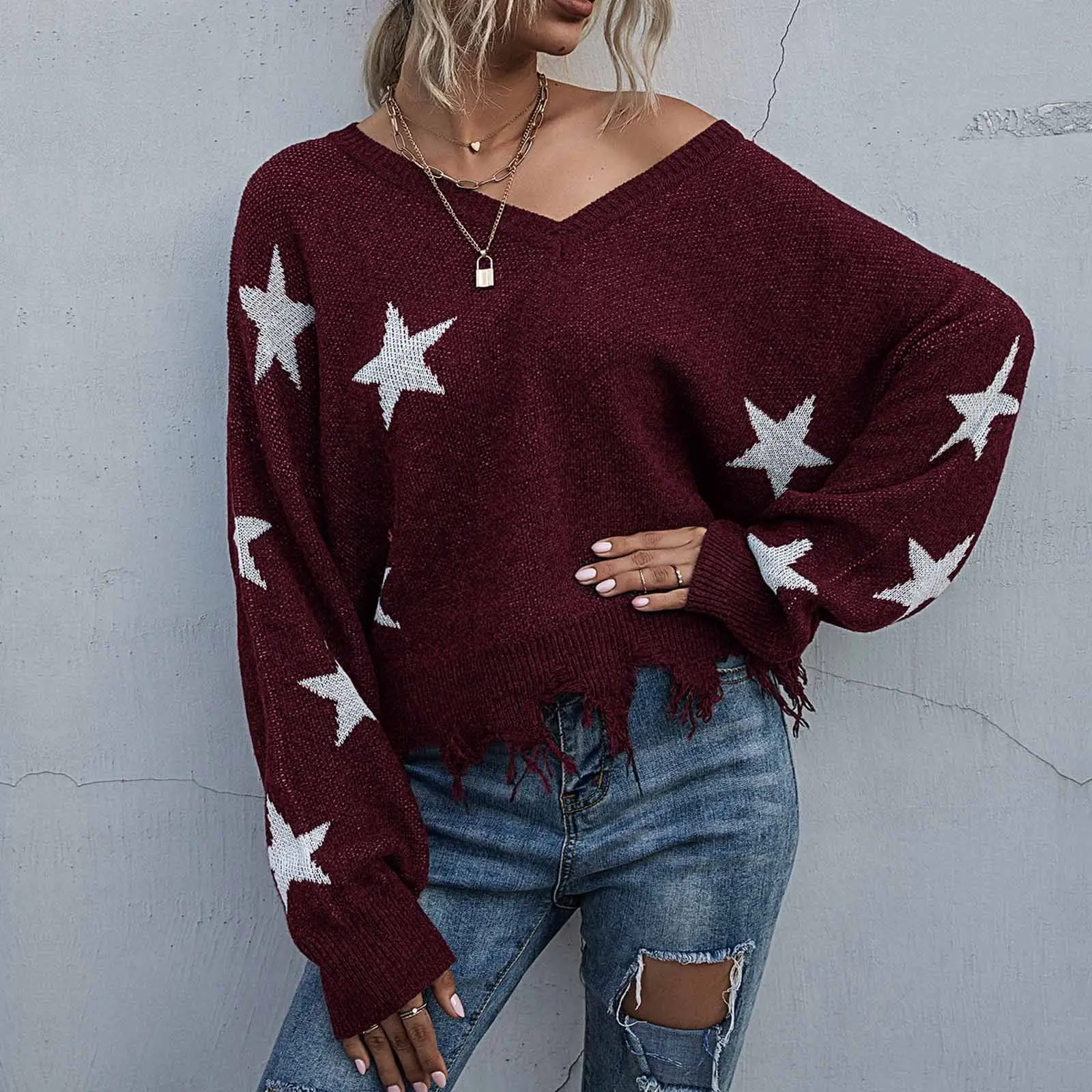 Y2K Grunge Aesthetic Star Print Distressed Sweater Women V Neck Drop Shoulder Fringed Hem Cropped Knit Pullover Streetwear Top