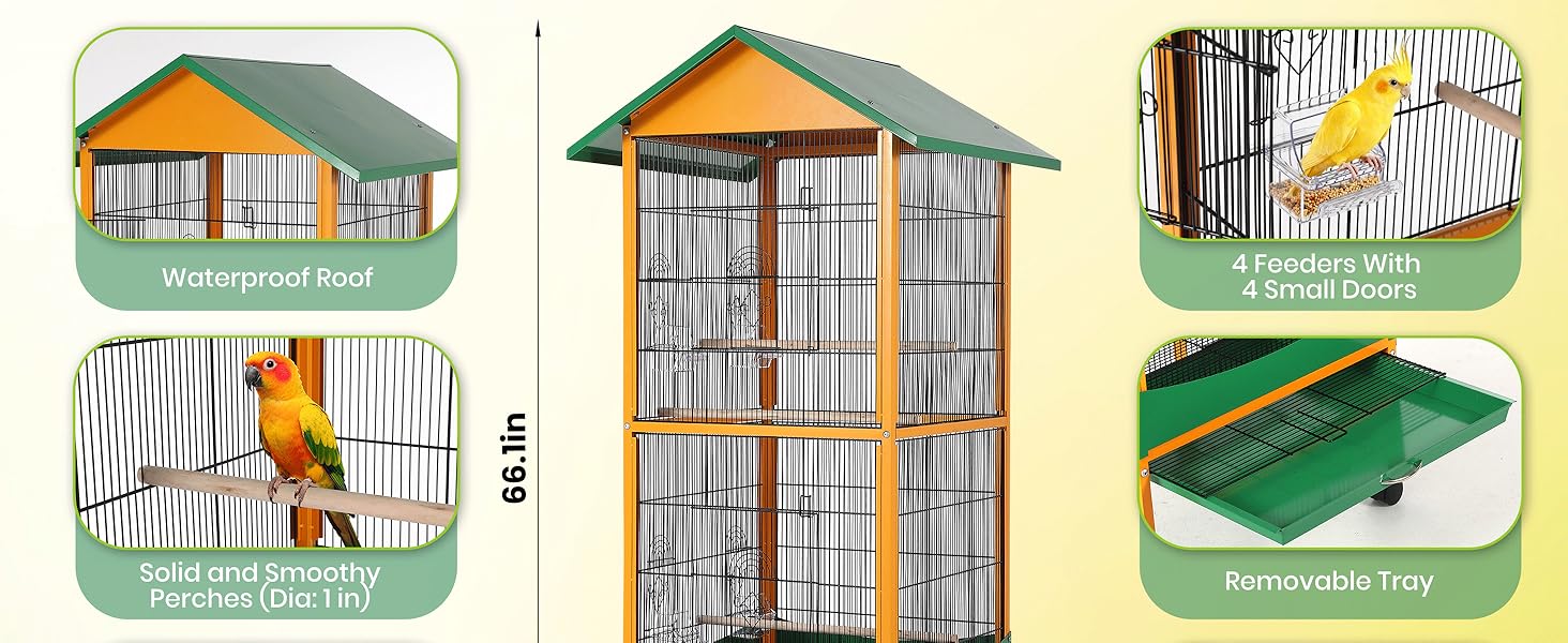 Bird Cage, 66''H Extra Large Bird Cage, w/Removeble Tray, Waterproof Roof, Easy to Clean, Lockable Caster, Indoor& Outdoor Application for Conure,Macaw,Budgie,Cockatiel,Lovebirds,Parakeet