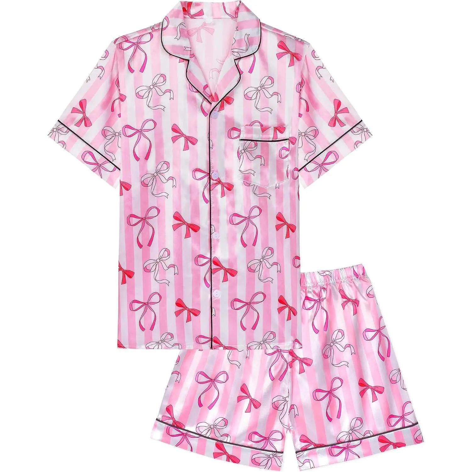 Girls Pajamas Silk PJS Set Pink Bow Satin Sleepwear Short Sleeve Jammies for Kids Button-Down Nightwear size 7-14,dorm room inspo,college dorm essentials,dorm haul