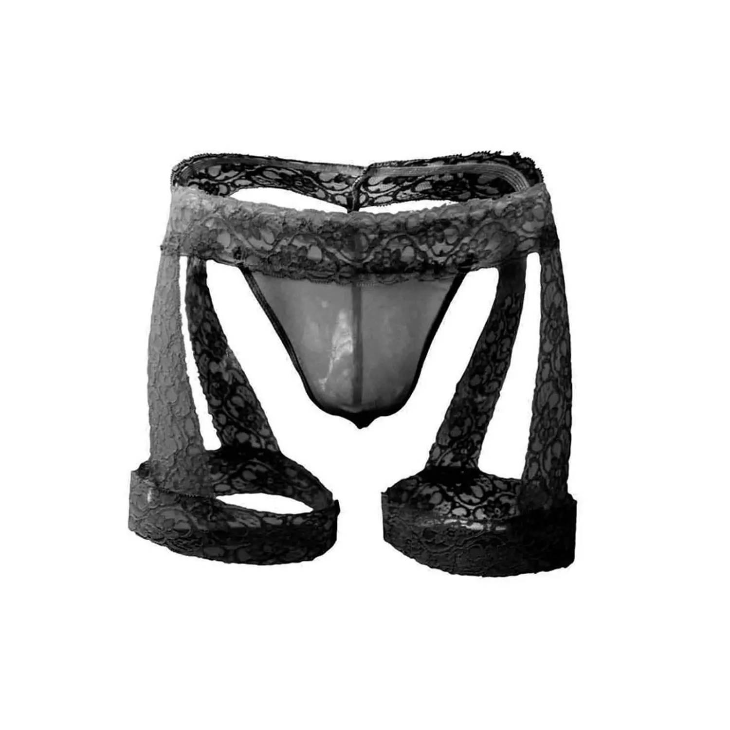 Men's Form-Fitting Low-Rise G-String Thong Underwear with Garter, Sheer Patterned Lace Floral Detail, Bulge Pouch, Thin Strap, Hand Washable, Form-Fitting Men's G String, Sheer Lace Detail Men's G String
