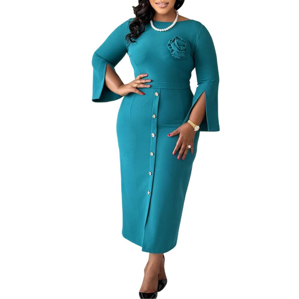 Spring Summer Clothes Latest Trendy Women Elegant Classy Church Dresses Slit Sleeve African Dress Office Ladies Work Formal Events Gown with Flower