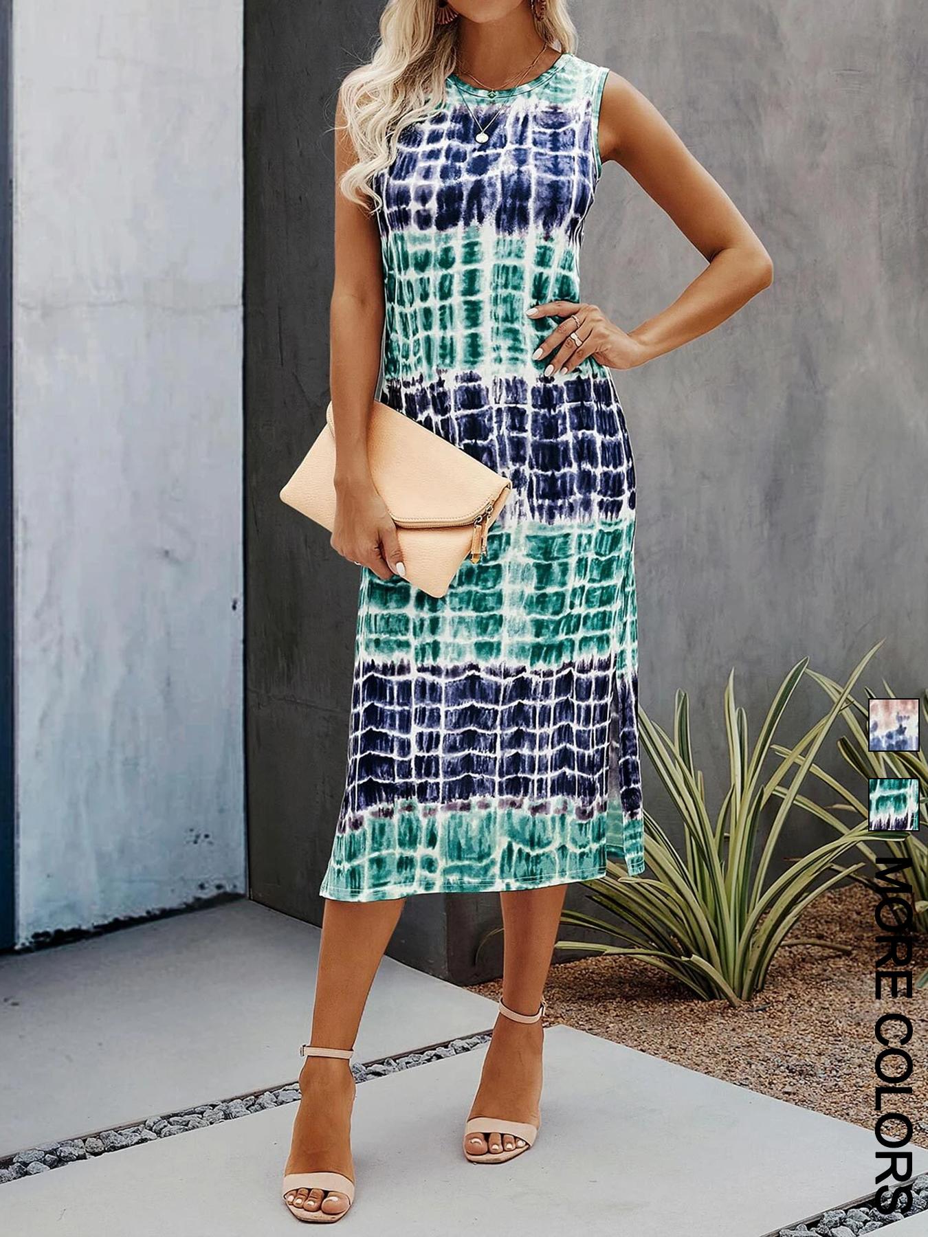 Women's All Over Print Round Neck Tank Dress, Casual Sleeveless Dress for Summer, Ladies Clothes for Daily Wear