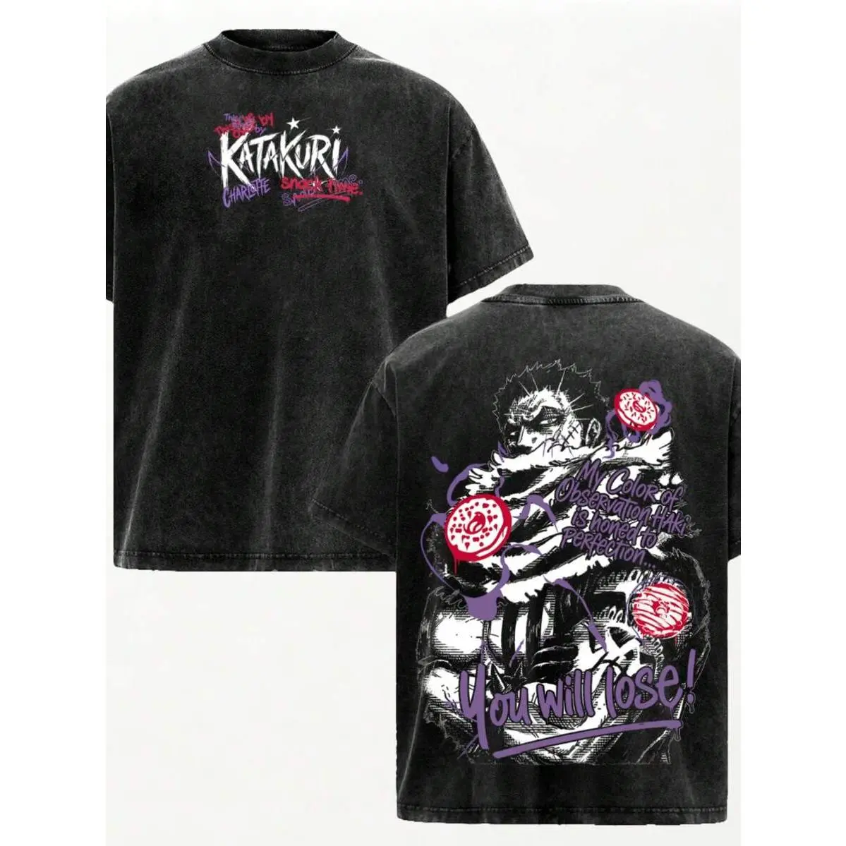 Vintage Washed Crew Neck T shirt Charlotte Katakuri Anime Dual Print Unisex Short Sleeve Casual Top For Adult Anime Fans Outdoor Street Daily Outfit