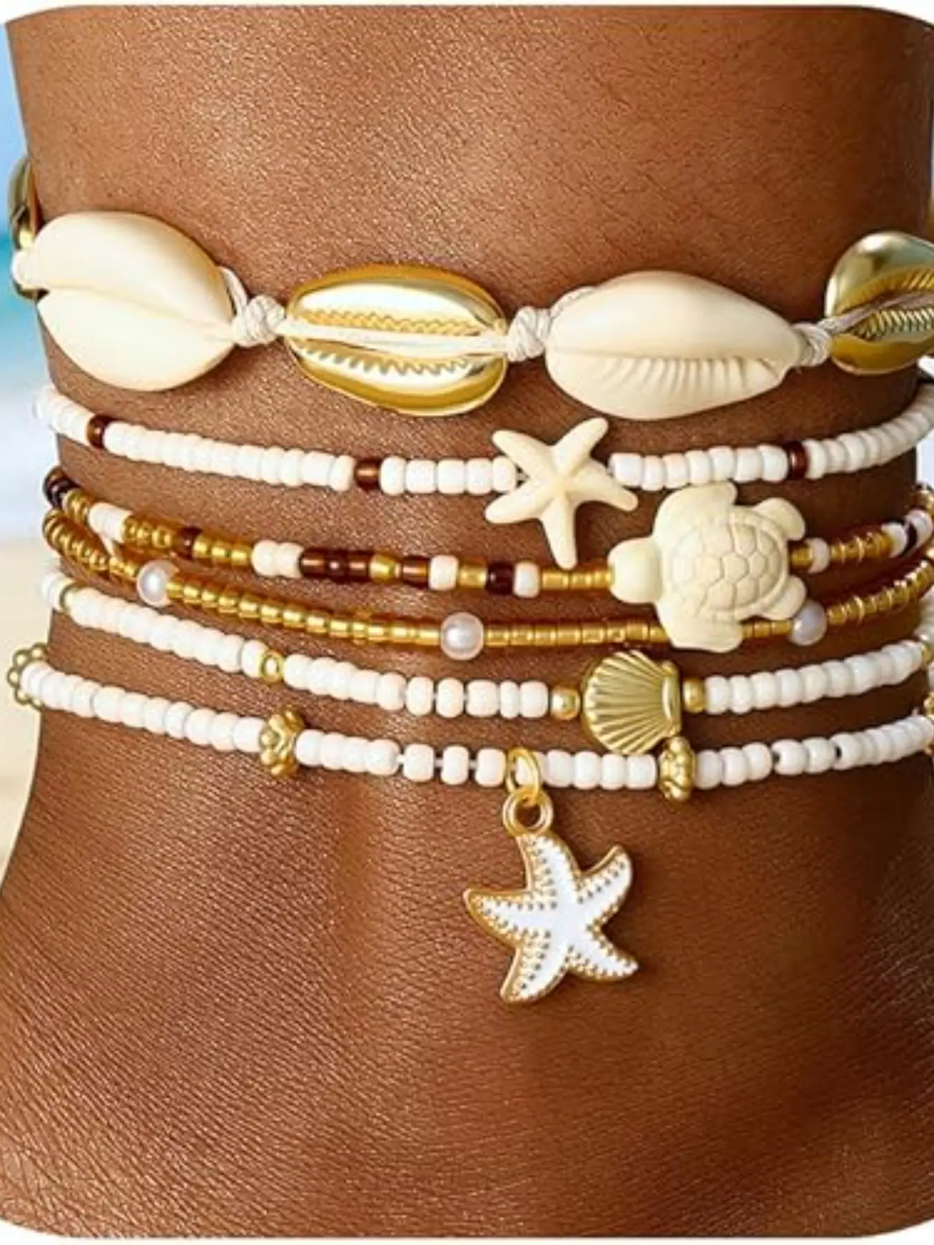 6 Pcs Women's Anklet Set, Waterproof Shell Pearl Heart Starfish Conch Chain Anklets, Bohemian Beaded Layered Anklets, Beach Gift, Fashion Casual
