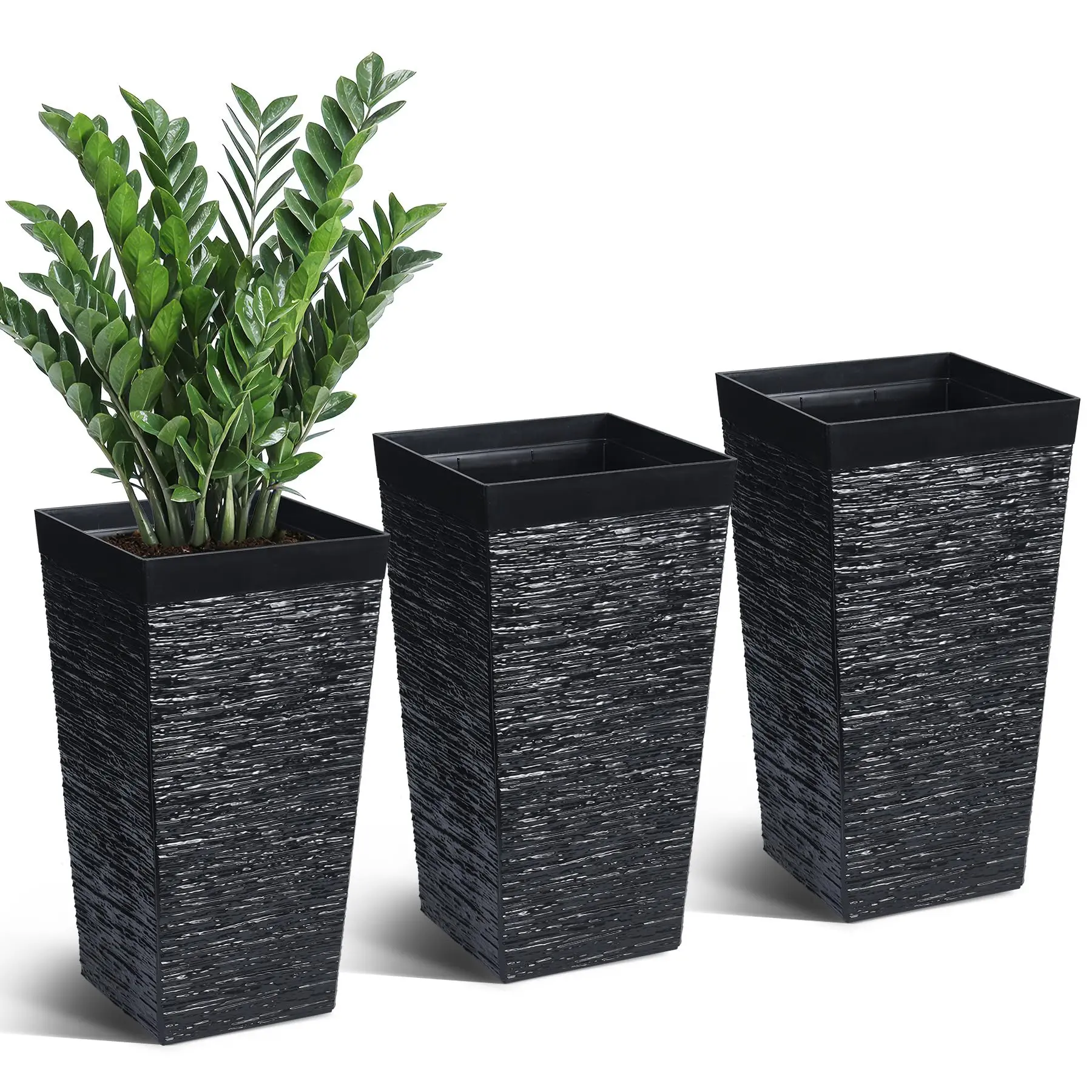22.7 Inch Tall Outdoor Planters Set of 3, Large Rectangle Plant Pots with Drainage and Wheels, Black Tall Planters for Outdoor Plants for Porch, Patio, Garden