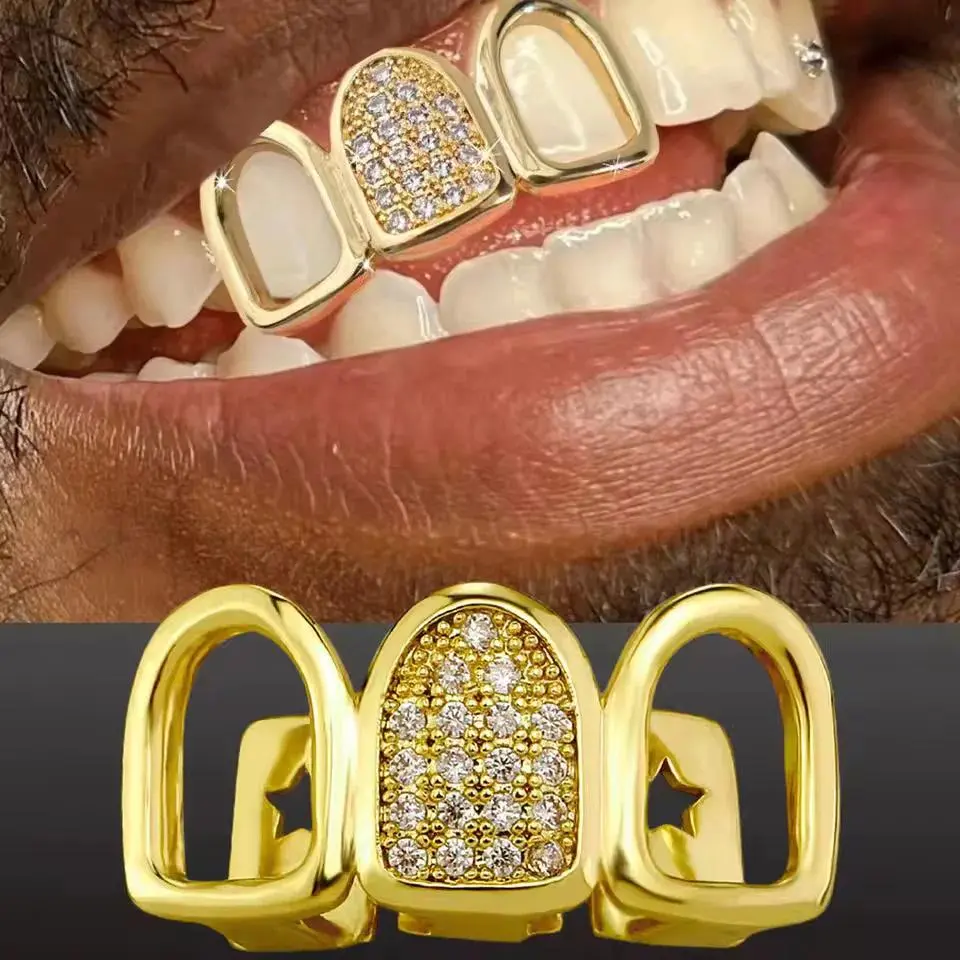 TOPGRILLZ Hip Hop CZ Teeth Grillz For Men Women Gold Silver Color 3 Tooth Grills Cap Dental Grill Punk Rapper Teeth Caps