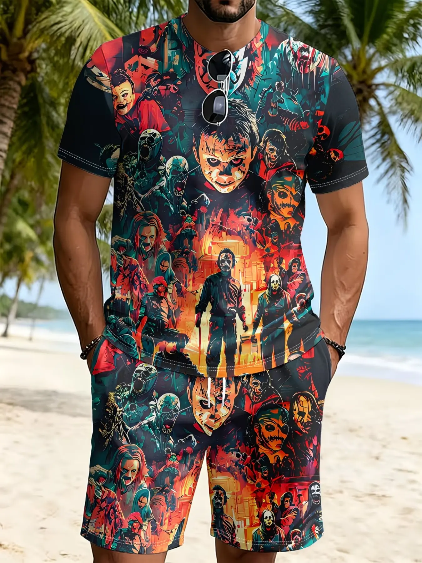 Men's Casual T-Shirt and Shorts Set, Horror Characters Fire Shadow Print, Summer Outdoor Wear, Comfortable Two-Piece