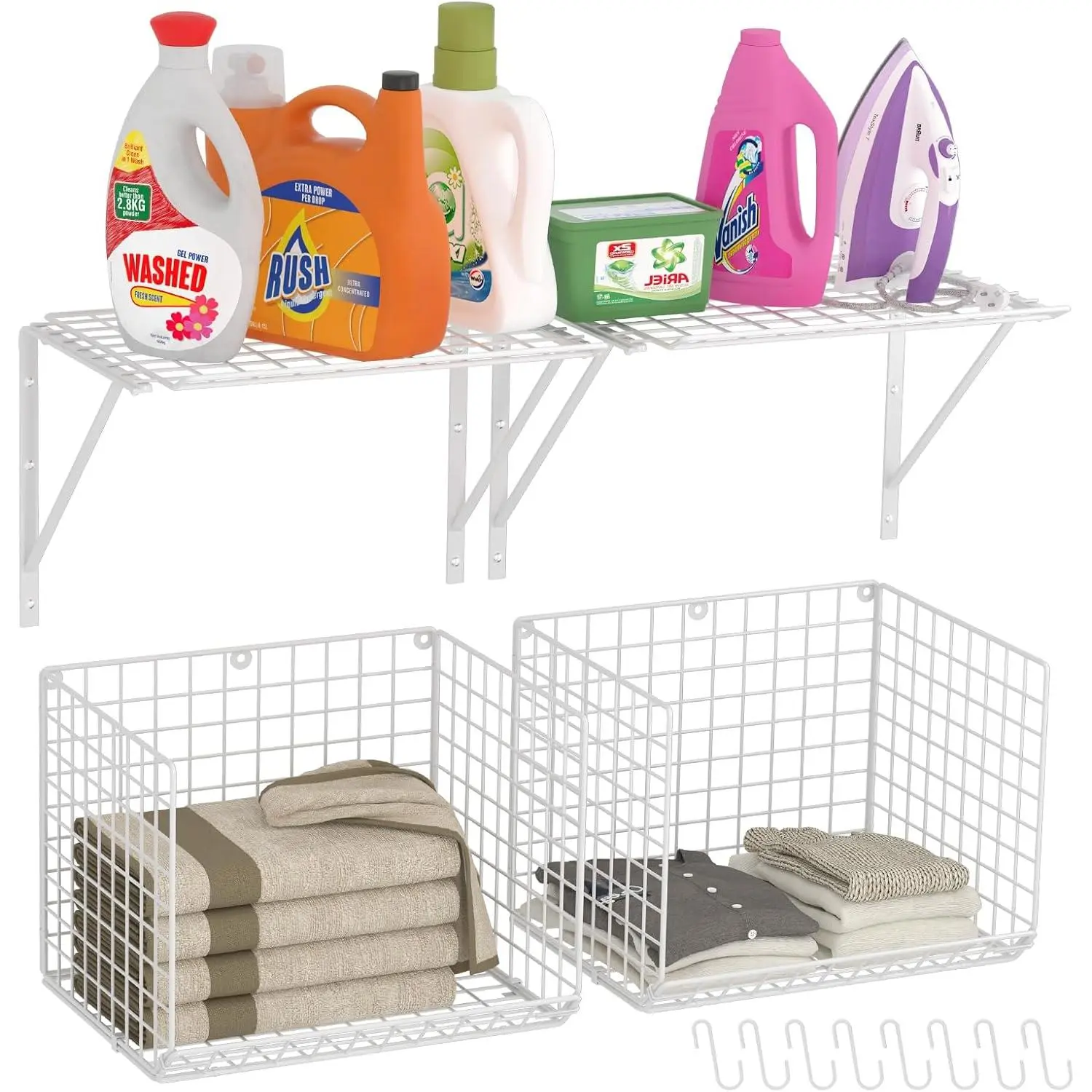 2 Pack Wall Mounted Laundry Room Shelves with Wire Baskets, Over Washer Dryer Storage Shelf with Clothes Drying Rack & 8 Hooks, Wire Baskets for Laundry Closet Organization Storage, White