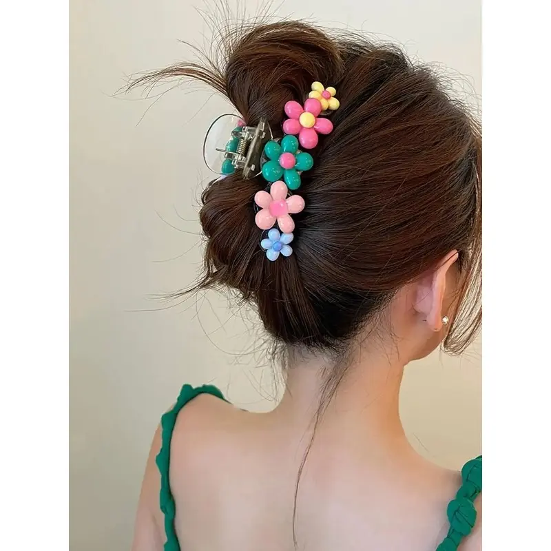 Cute Colorblock Flower Hair Claw, Elegant Minimalist Floral Hair Accessory, Strong Grip Claw Clip For Thick Hair