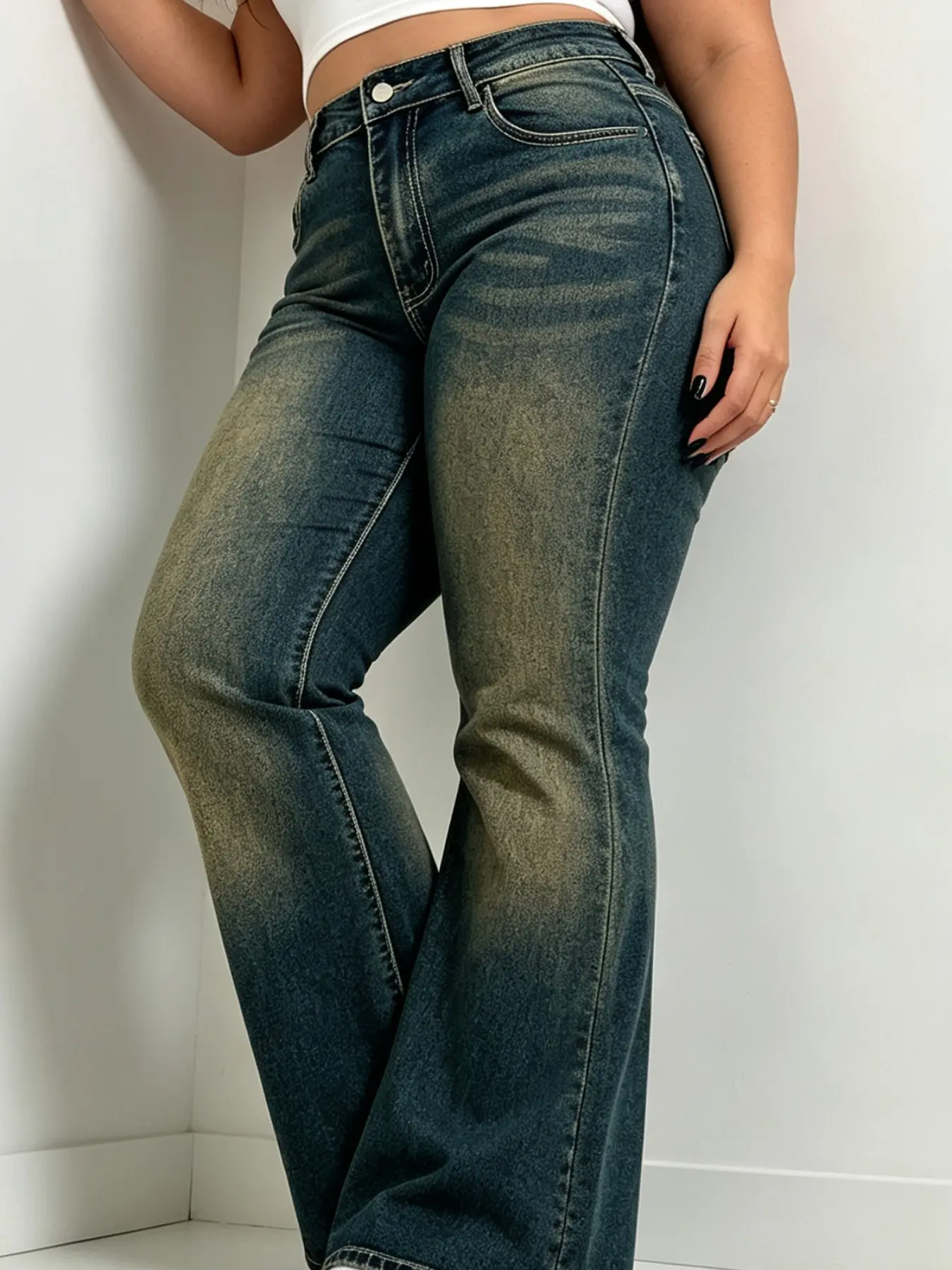 Plus Size Women's Denim Jeans, Flare Leg Denim, Vintage Washed Blue Micro-Flare, Embroidered Back, Slim Fit Casual Bottoms, Fashion Jean Bottoms, All Seasons Daily Wear