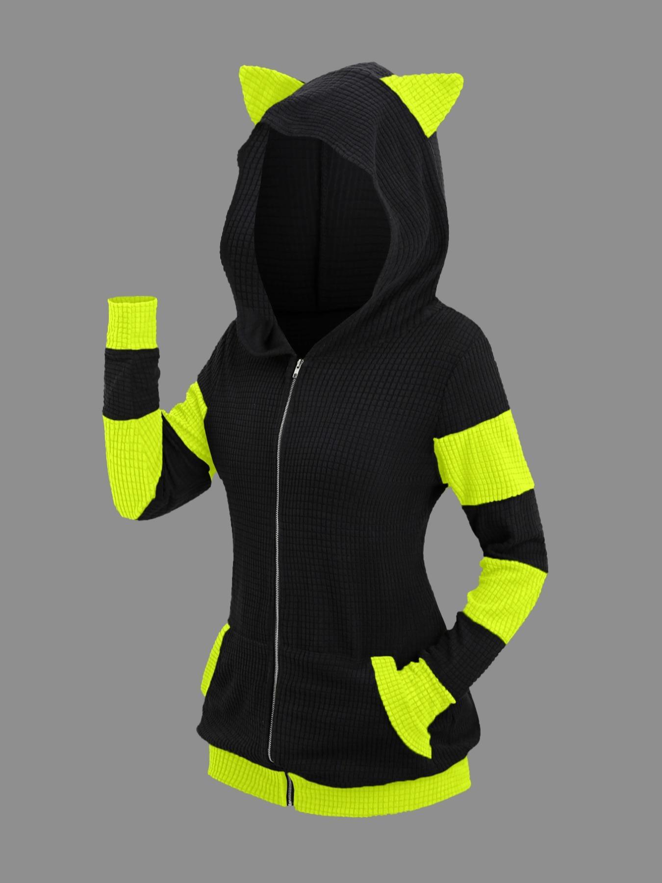 Women's Colorblock 3d Ear Design Textured Zip Up Hooded Coat, Cute Long Sleeve Pocket Outerwear for Fall & Winter, Women's Clothes for Daily Wear, Womenswear