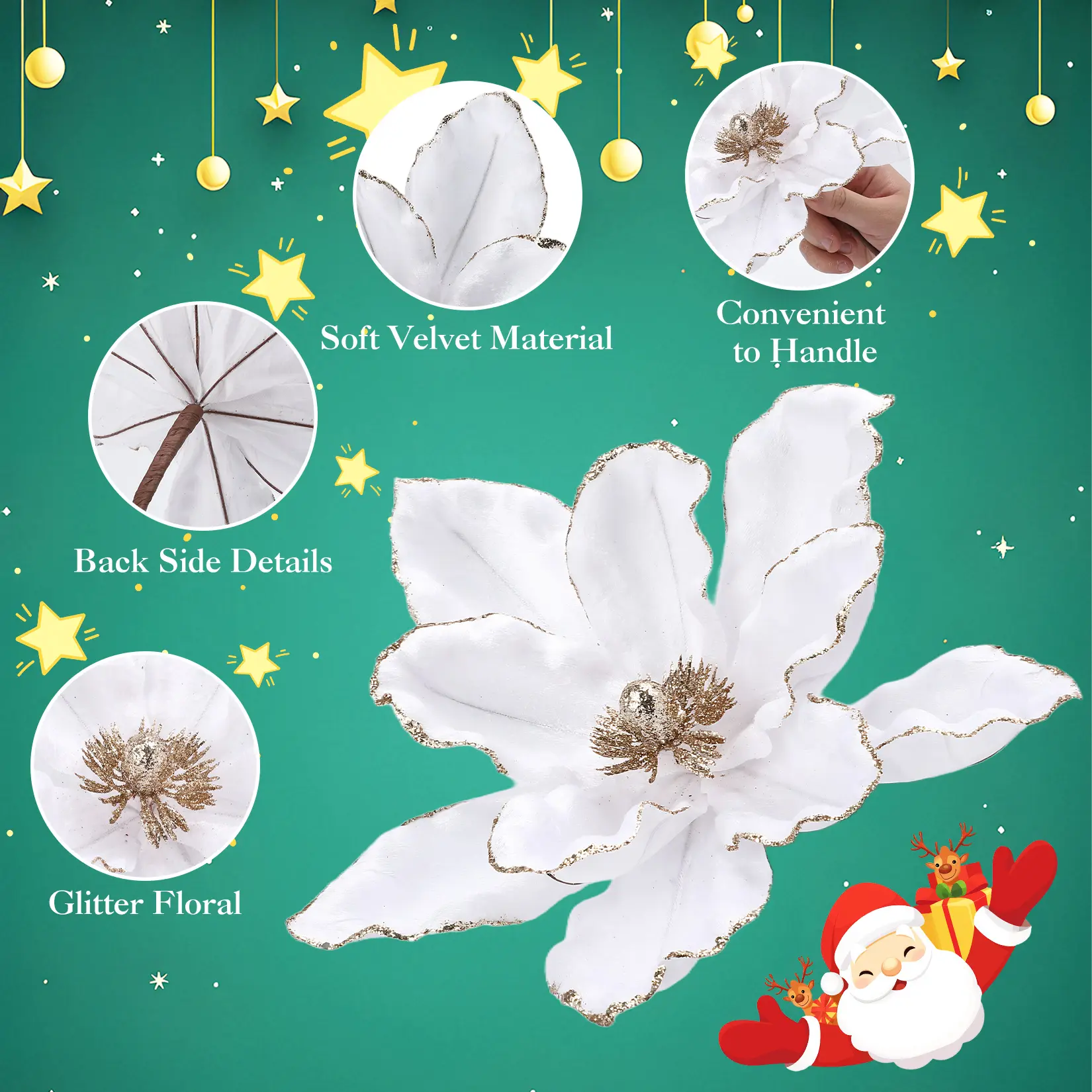 12 Pack Large Glitter Artificial Poinsettia & Magnolia Christmas Flowers with Stems – White Floral Picks for Holiday Tree, Wreath, Table Centerpiece, Wedding, DIY Decor, Collapsible Storage – Diameter 30cm