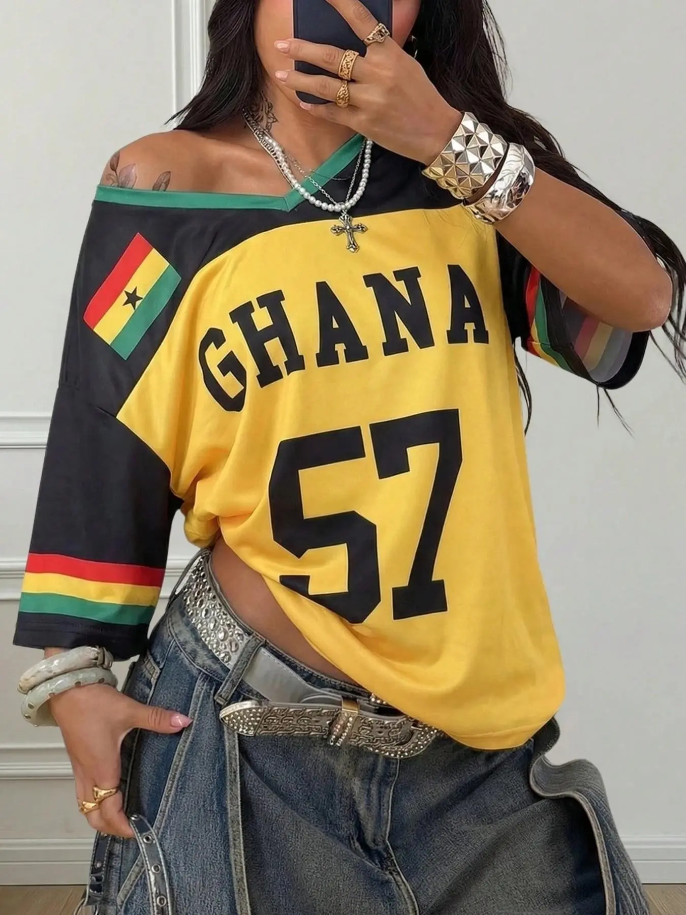 Women's Ghana 57 Soccer Throwback Jersey Y2K Street Style T-Shirt, Loose Fit Breathable Workout Top Casual Sport Top, V-Neck Fitness Shirt, Activewear Clothing, All Seasons