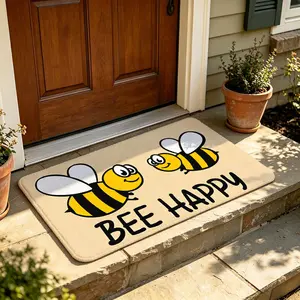 1pc Cartoon Bee "Bee Happy" Slogan Rectangular Floor Mat, Entryway Foyer Courtyard Outdoor Bathroom Long Entrance Rug, Non-slip Aesthetic Art Supplies Home Decor, Ideal Gift