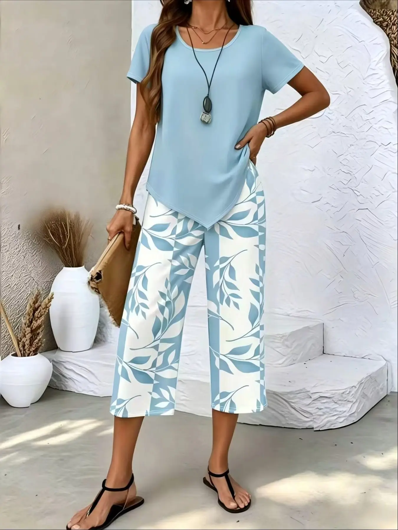 Fashion Two-Piece Set, Asymmetrical Top + Leaf Print Wide-Leg Seven-Foot Pants, Stylish for Casual Wear, Trendy Clothing Ensemble