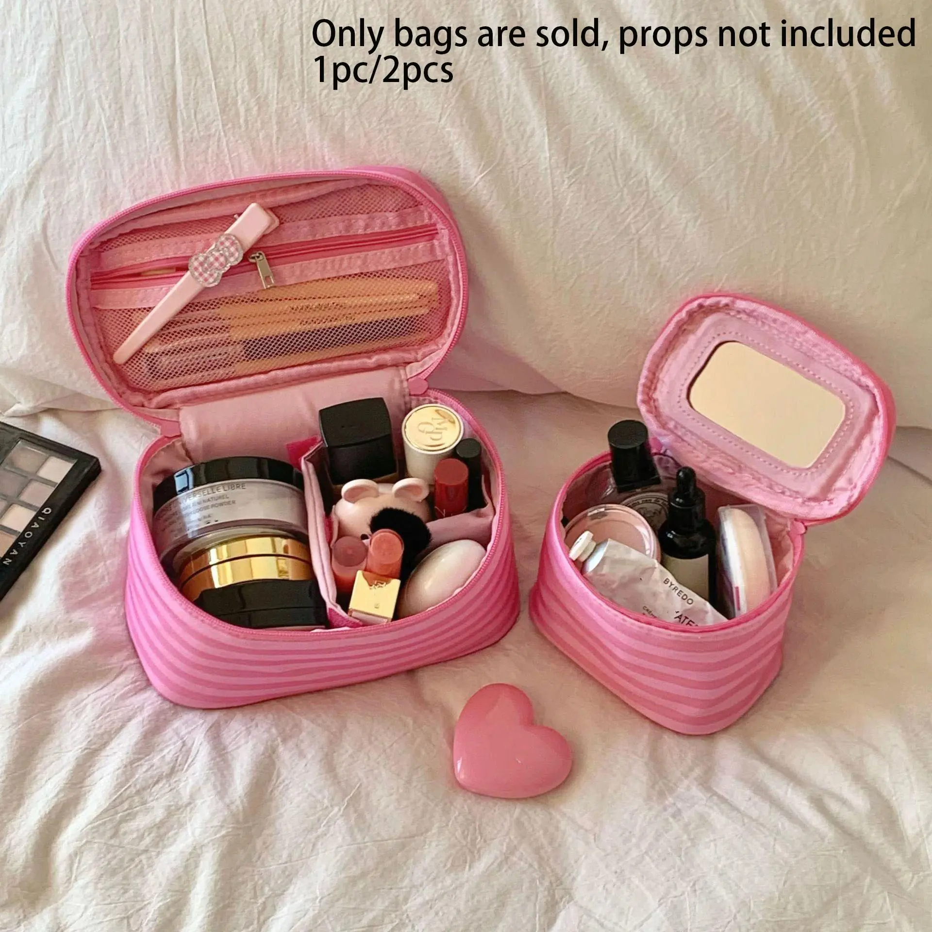 1pc / 2pcs Makeup Bag Set, with Mirror Pink Strip Print Large Capacity Cosmetic Storage Bag Travel Cosmetic Organizer, Multi-Compartment Toiletry & Skincare Organizer Pouch Mesh Pocket Brush Holder Gift for Women