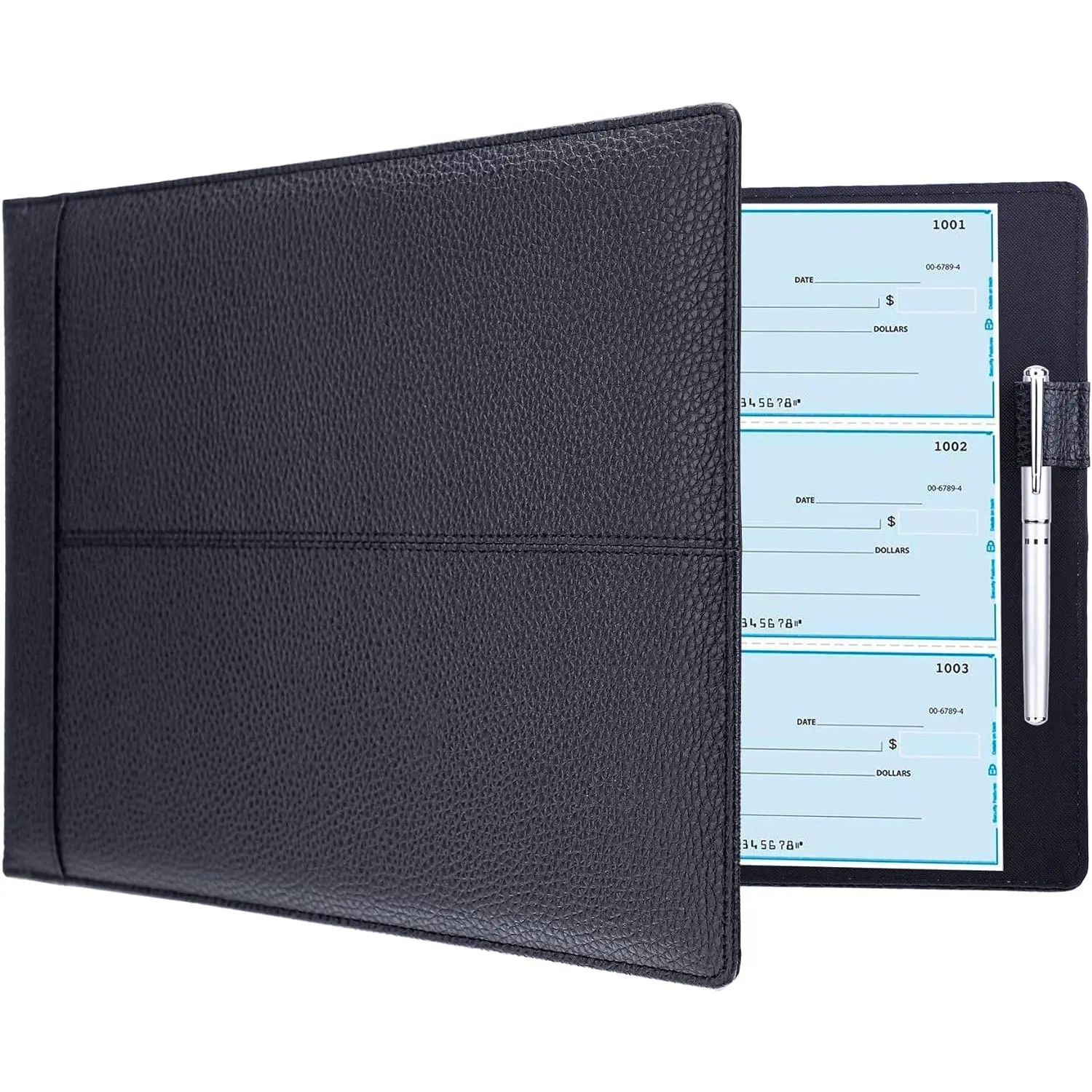 7 Ring Business Checkbook Binder for Business Checks, 600 Checks Capacity, PU Leather Check Book Binder Cover with Zipper Pouch, Executive Organizer Portfolio Holder for 9x13 Inch Sheets, Black