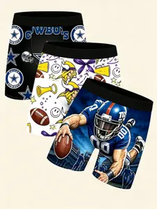 Men's 3-Pack Underwear Set, Super Bowl Team Holiday Print, Casual Sporty Fitness Briefs, Trendy Fashion Boxer Shorts, Essential Closet Item
