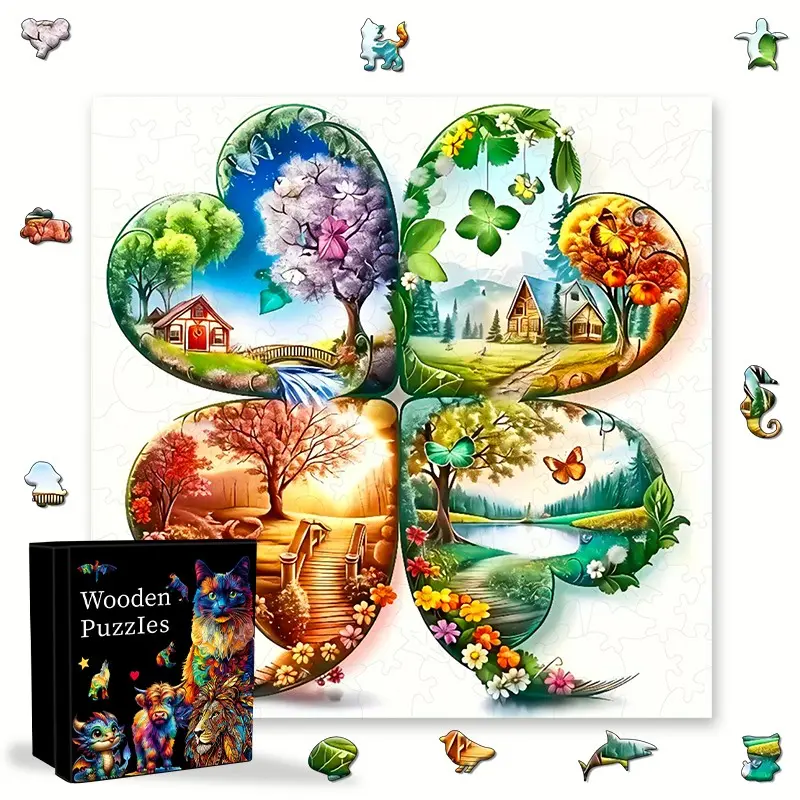 Four-Leaf Clover Wooden Puzzle, Art Puzzles, Irregular Shape Toy, Unique Party Game Gift, Brain Training Challenge, Festive Decorative Artwork